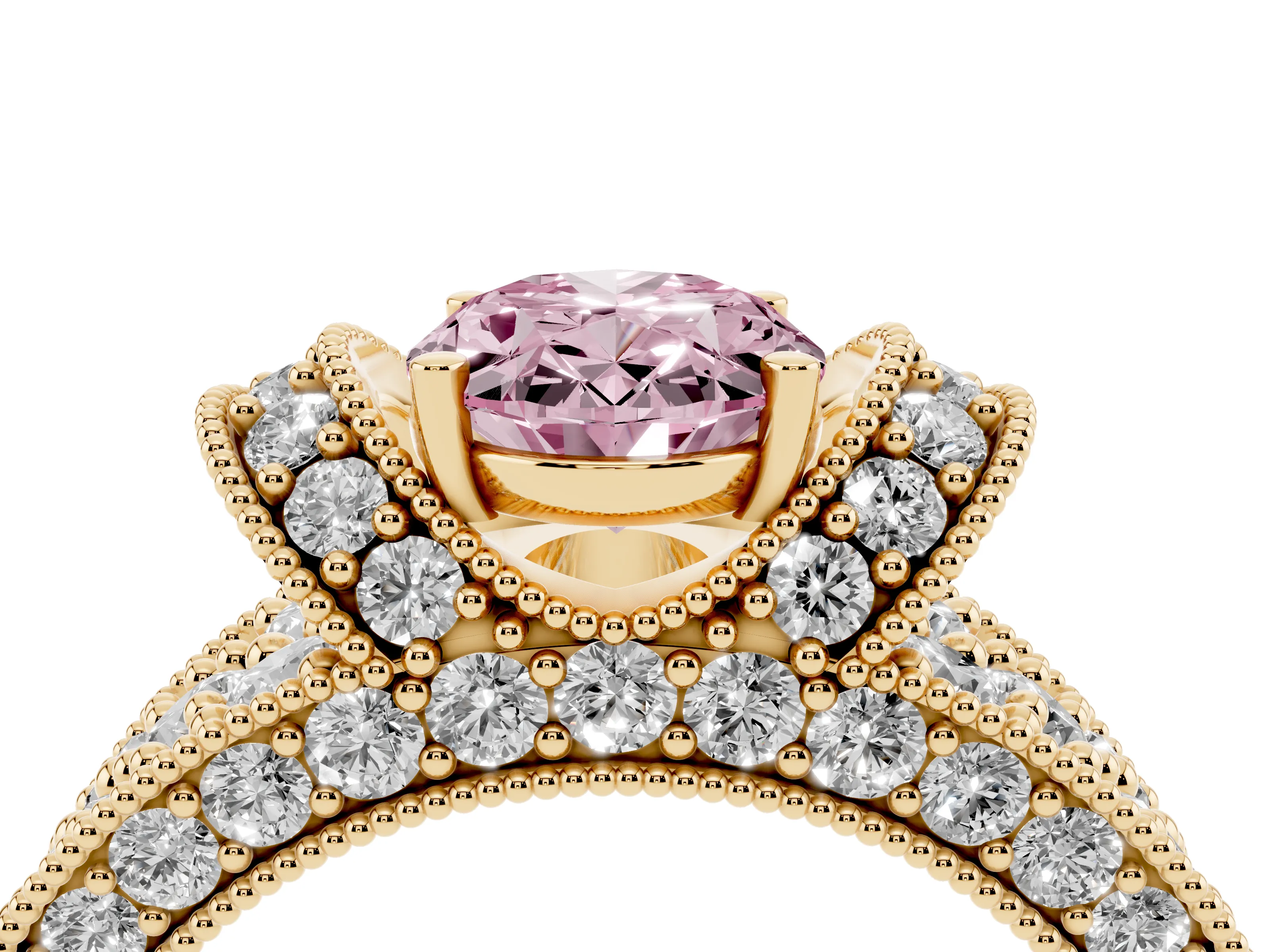 Fancy Pink Oval Cut Diamond Milgrain Halo Pavé Engagement Ring Set in Yellow gold with Prong Setting