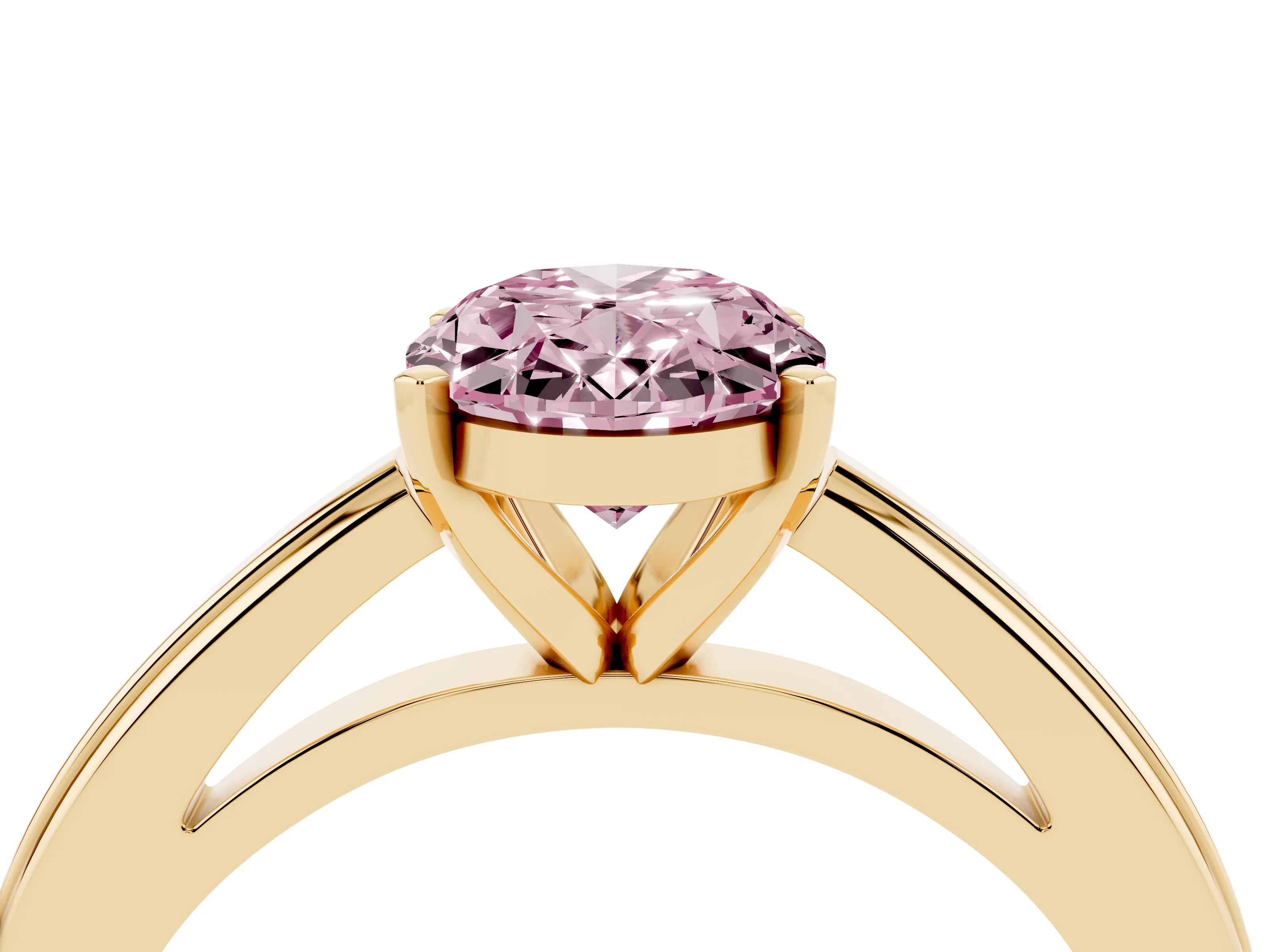 Fancy Pink Oval Cut Diamond Solitaire Ring Set in Yellow gold with Prong Setting and Classic Band