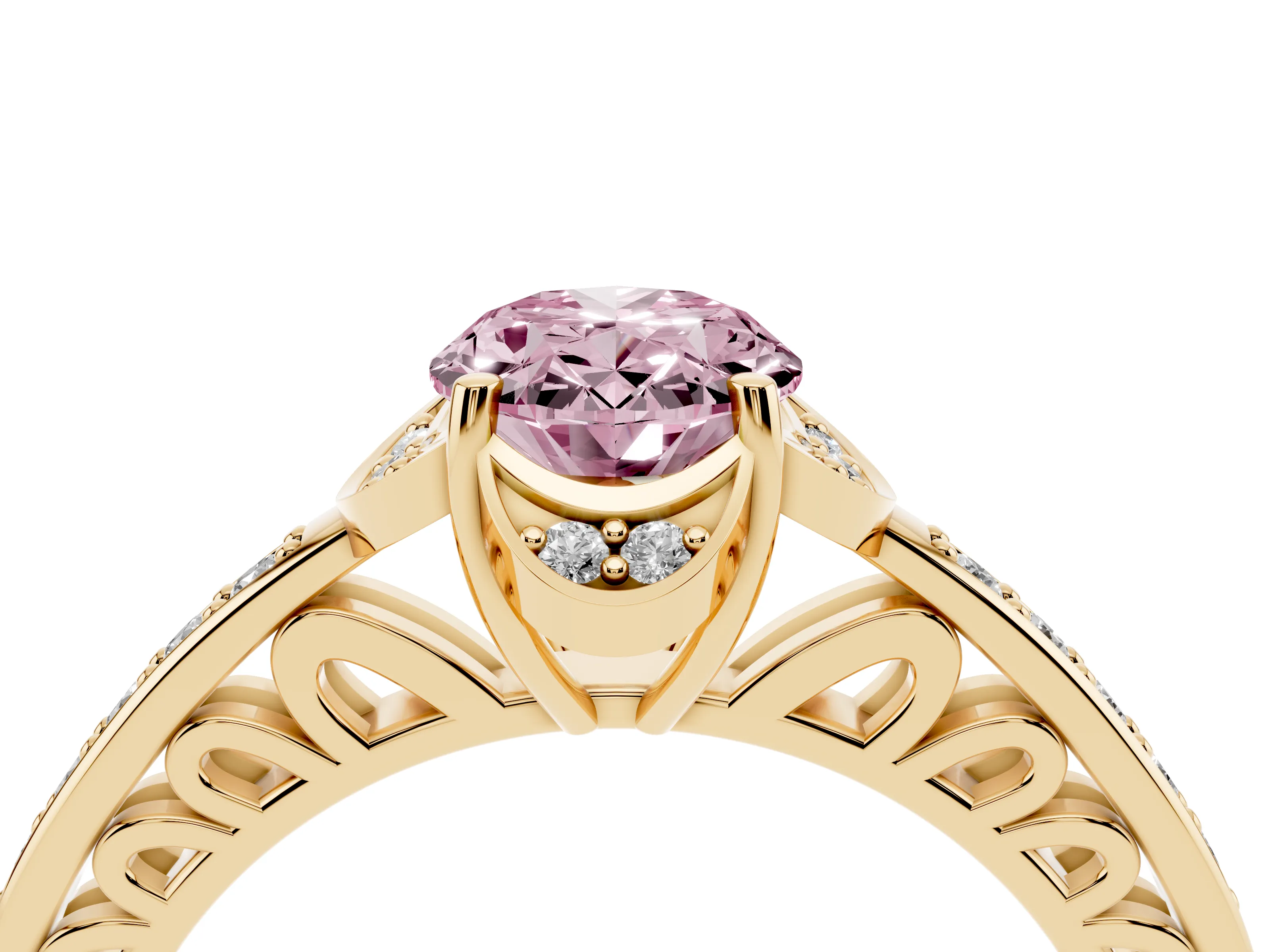 Fancy Pink Oval Cut Diamond Halo Ring Set in Yellow gold with Channel Set Band and Prong Setting