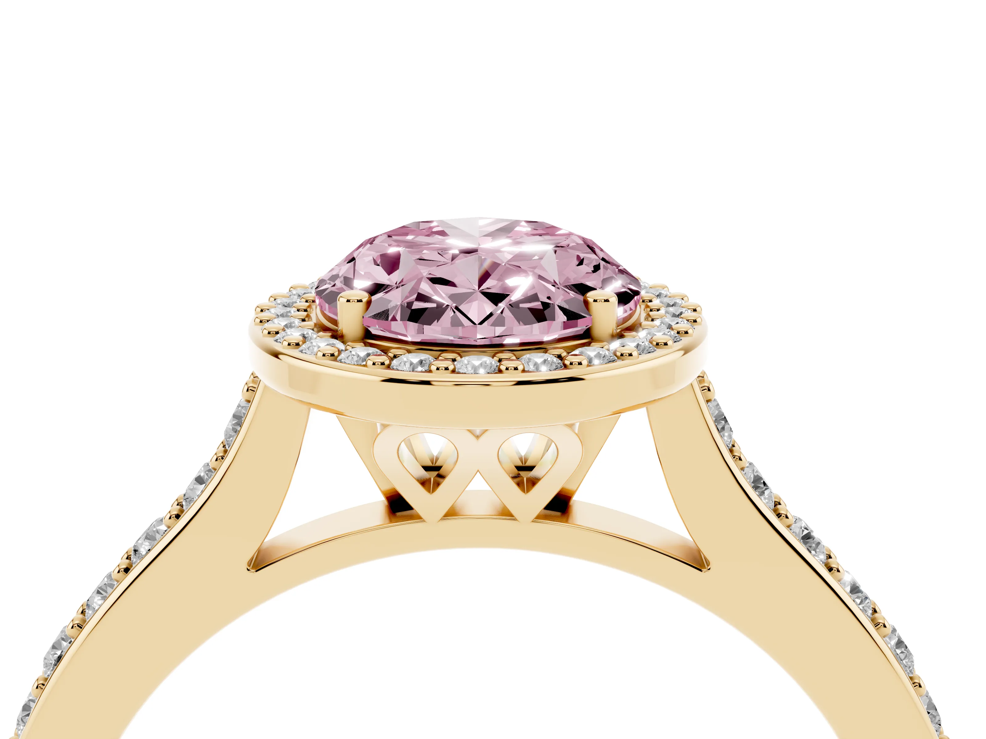 Fancy Pink Oval Cut Diamond Halo Engagement Ring Set in Yellow gold with Round Pavé Shoulders and Heart Gallery
