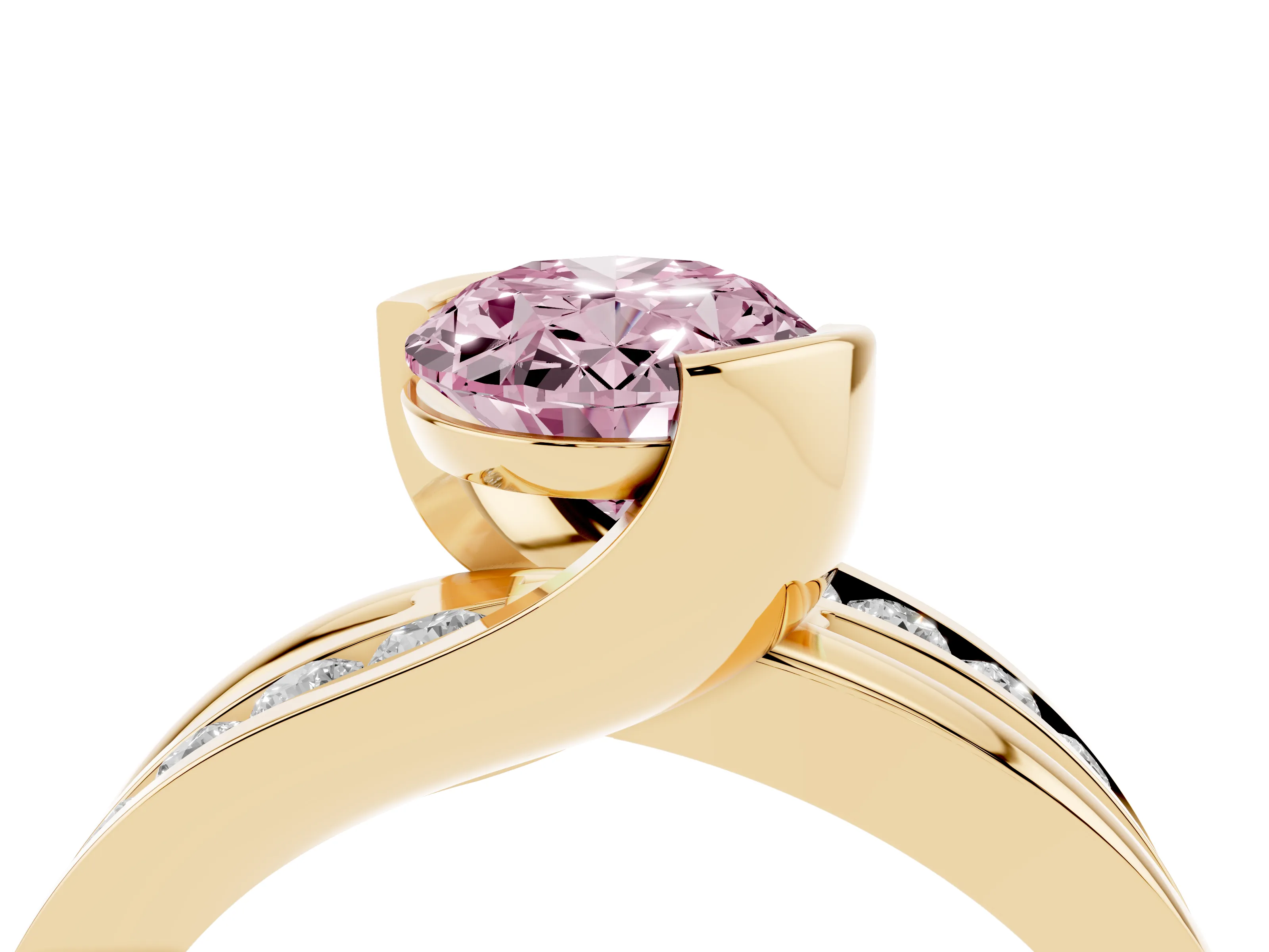 Fancy Pink Oval Cut Diamond Solitaire Ring Set in Yellow gold with Channel Set Split Shank and Tension Prongs