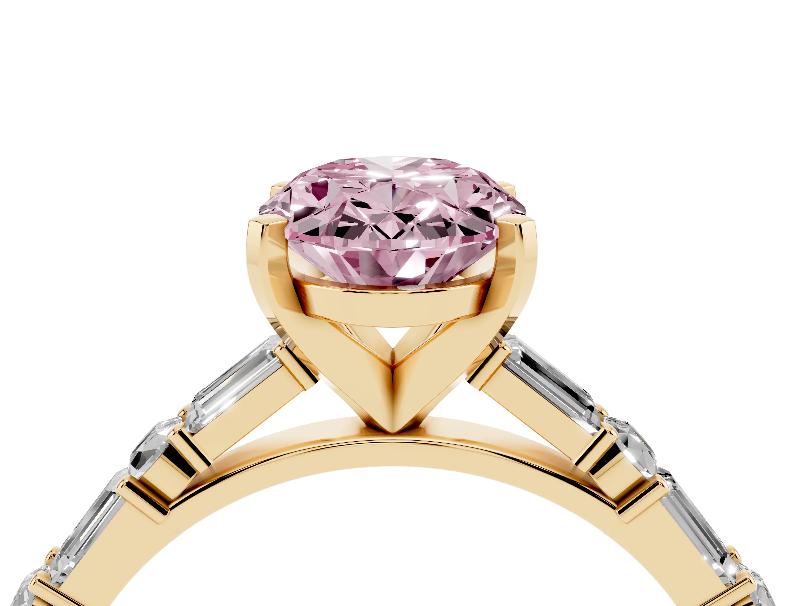 Fancy Pink Oval Cut Diamond Solitaire Set in Yellow gold with Side Baguettes and Channel Set Band