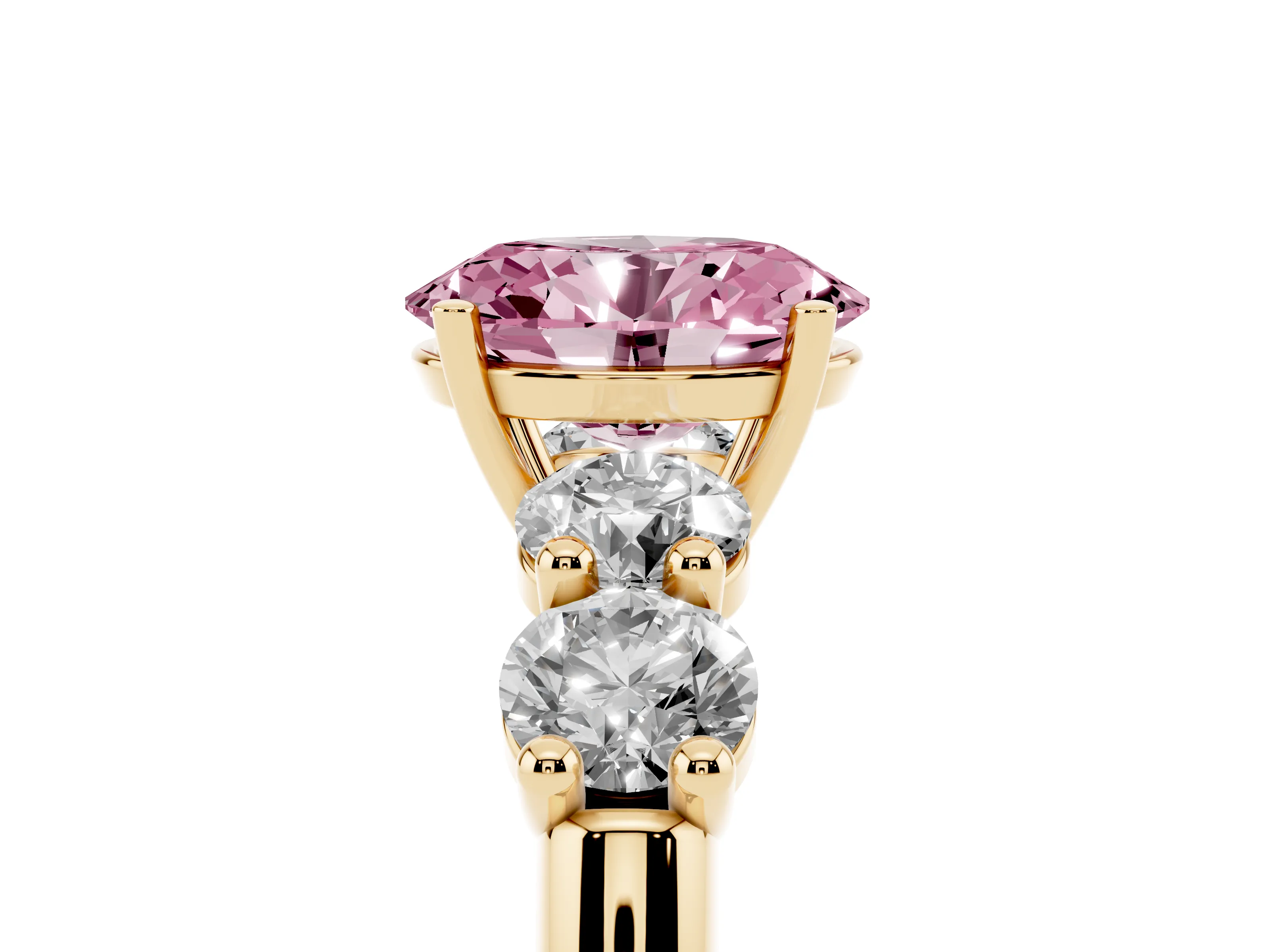 Fancy Pink Oval Cut Diamond Five-Stone Prong Set Ring Set in Yellow gold with Classic Band