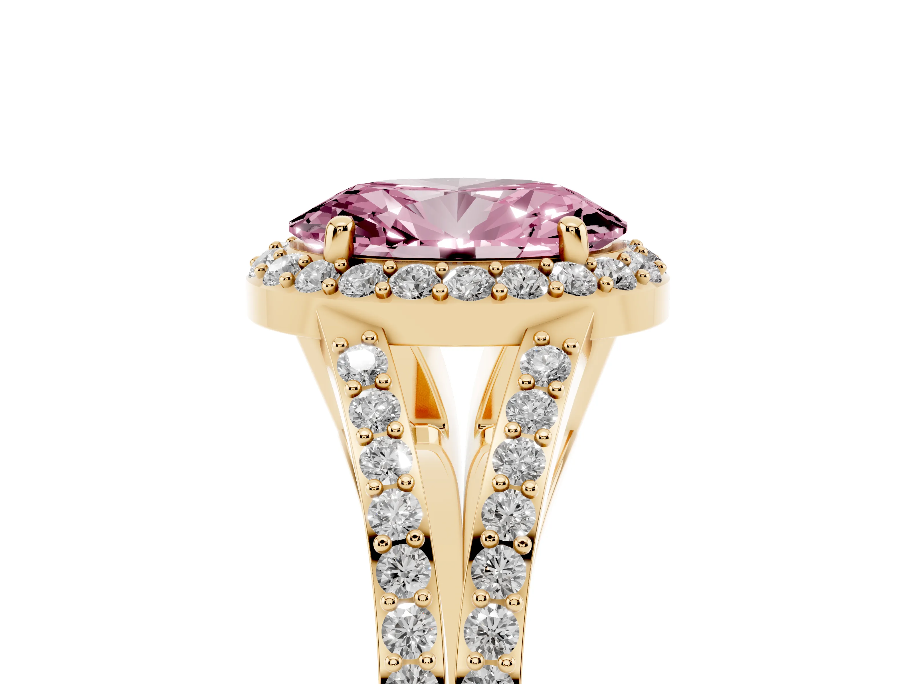 Fancy Pink Oval Cut Diamond Halo Split Shank Ring Set in Yellow gold with Accent Stones and Prong Setting