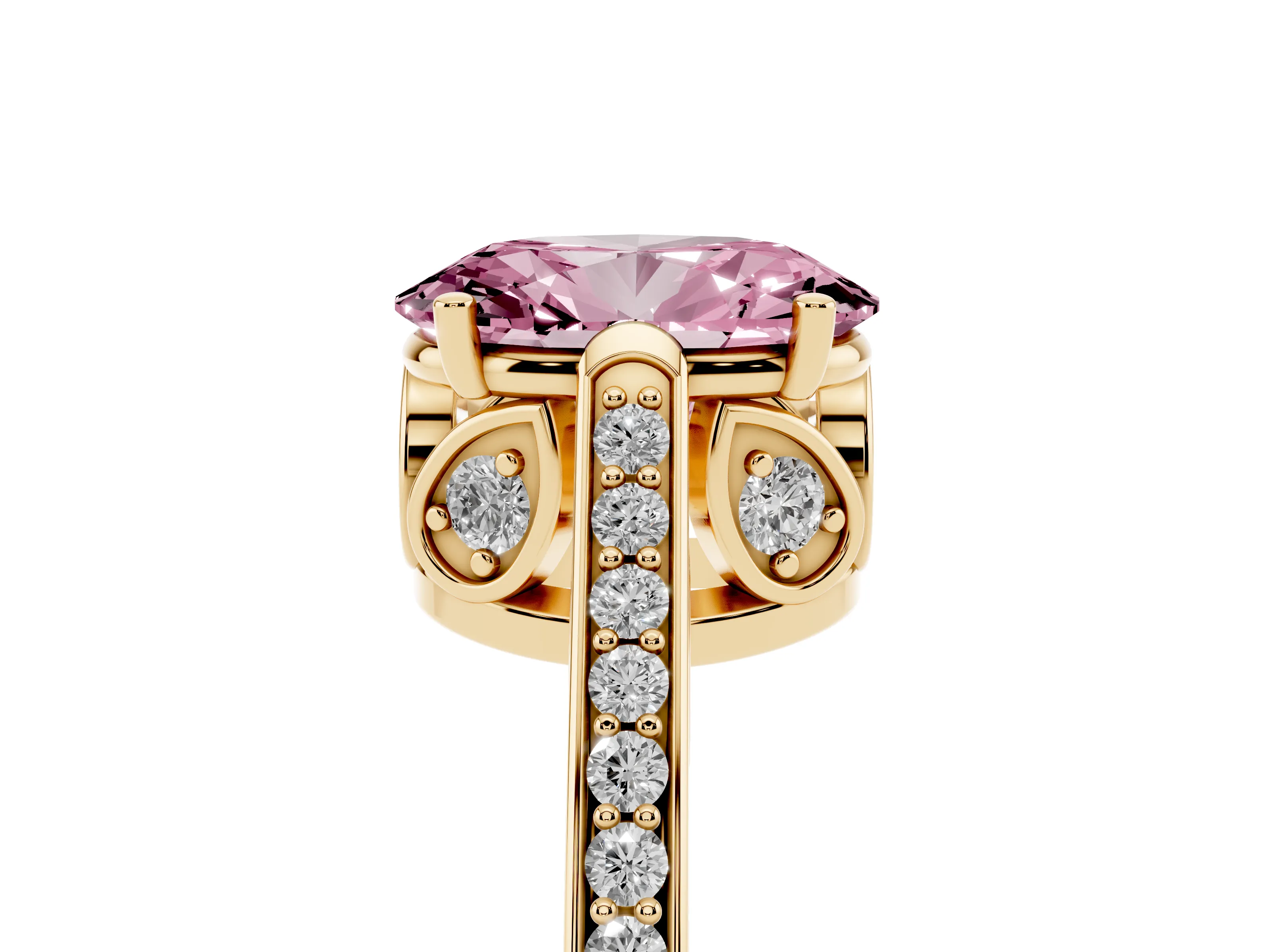 Fancy Pink Oval Cut Diamond Cathedral Pavé Engagement Ring Set in Yellow gold with Prong Setting