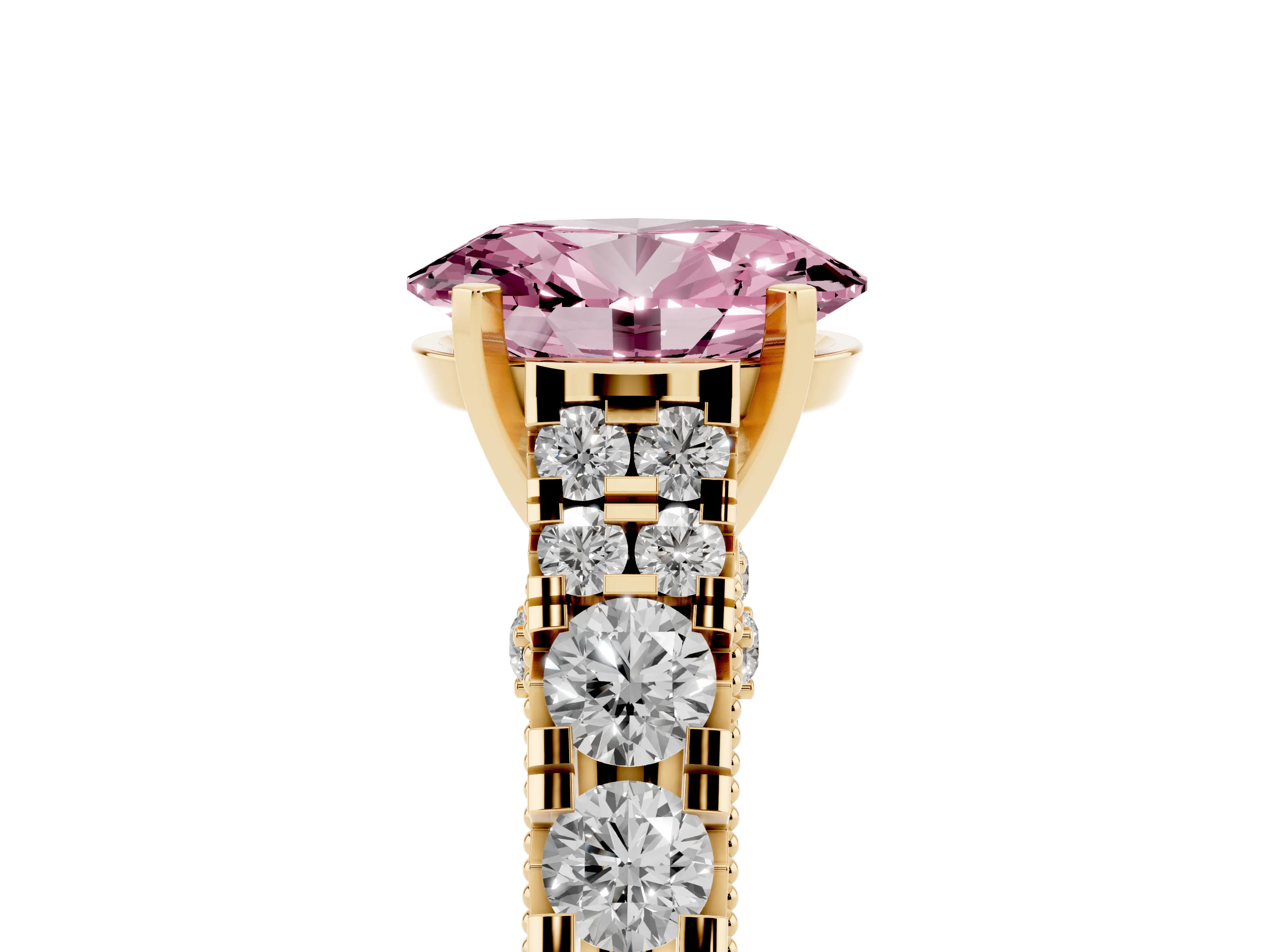 Fancy Pink Oval Cut Diamond Classic Solitaire Ring Set in Yellow gold with Pavé Band and Prong Setting