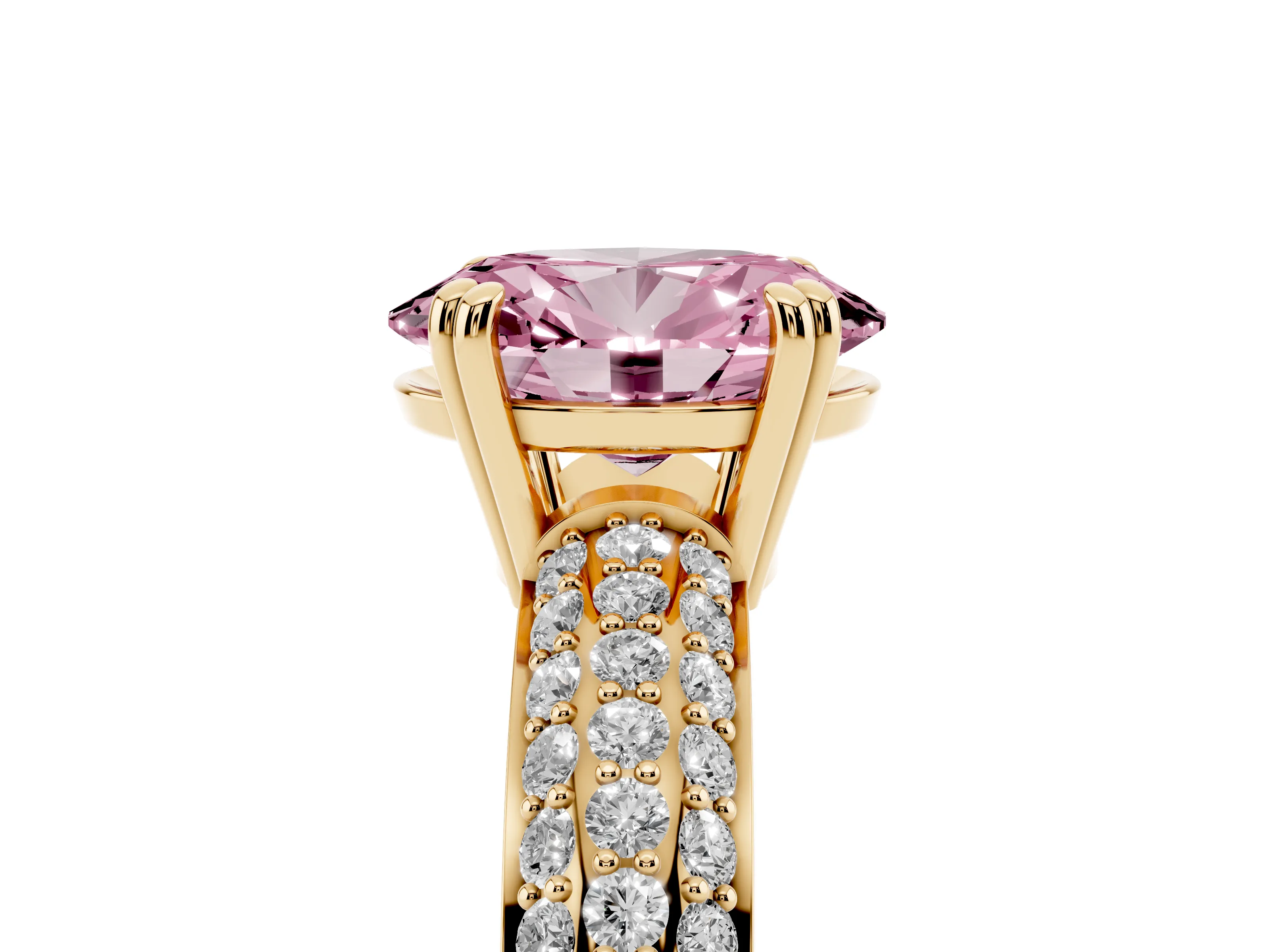 Fancy Pink Oval Cut Diamond Solitaire Ring Set in Yellow gold with Multi-Row Round Pavé Band and Prong Setting
