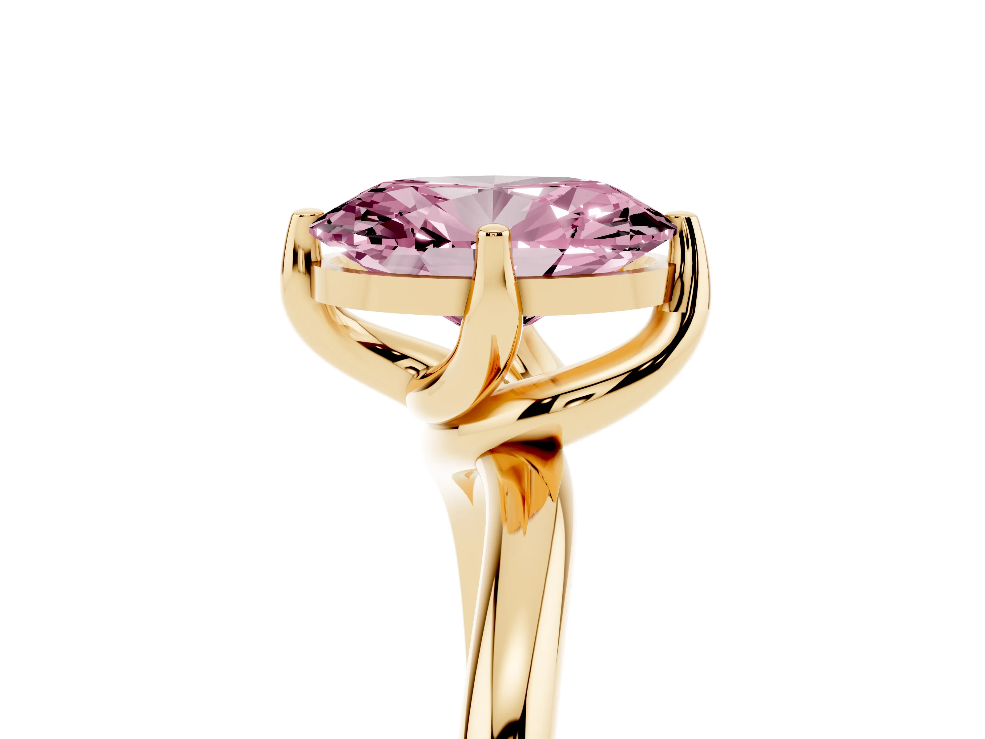 Fancy Pink Oval Cut Diamond Solitaire Engagement Ring Set in Yellow gold with Classic Plain Band