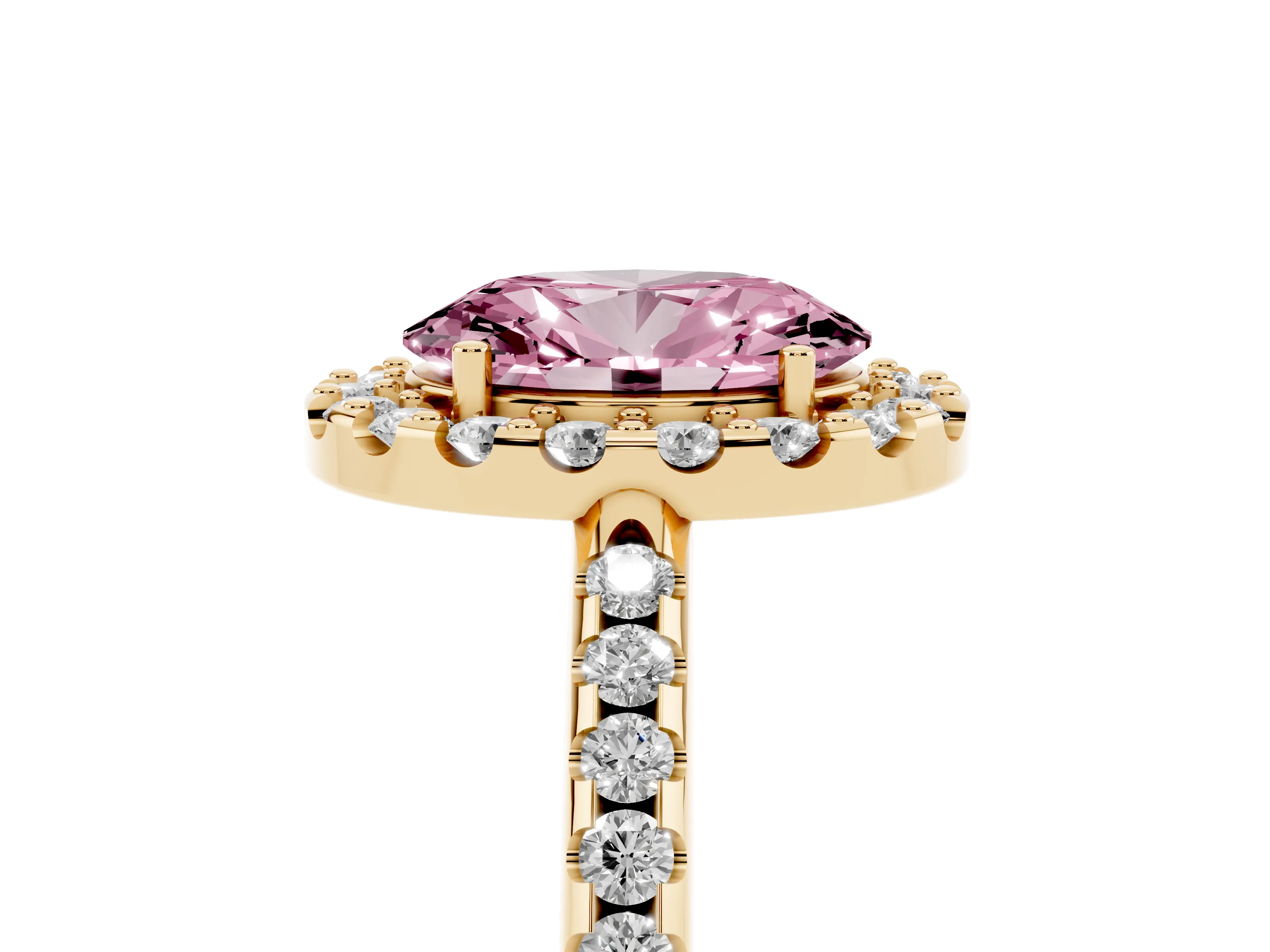 Fancy Pink Oval Cut Diamond Pavé Halo Ring Set in Yellow gold with Prong Setting