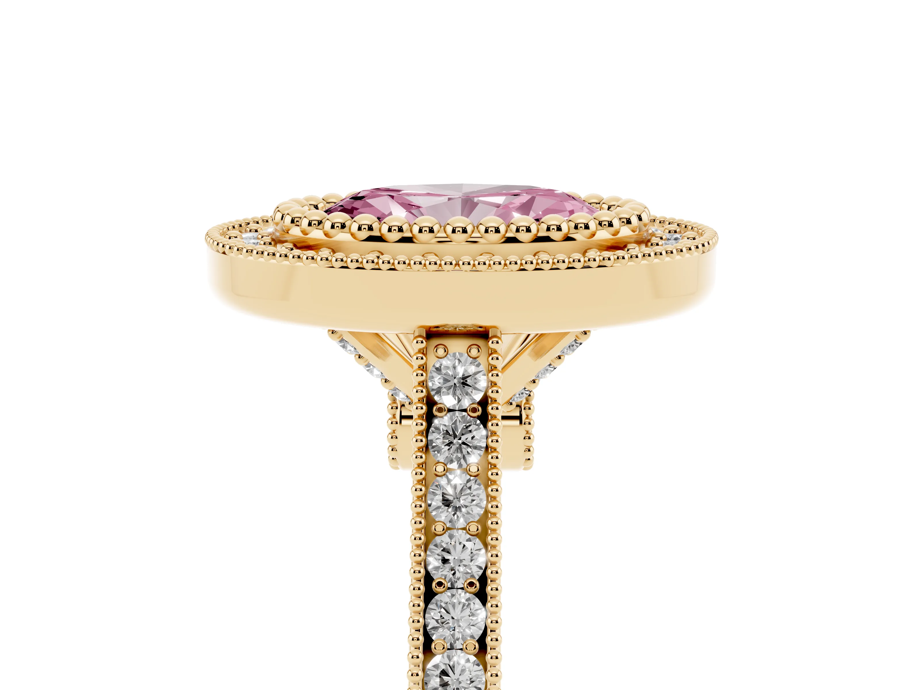 Fancy Pink Oval Cut Diamond Halo Ring Set in Yellow gold with Milgrain Frame and Pavé Band
