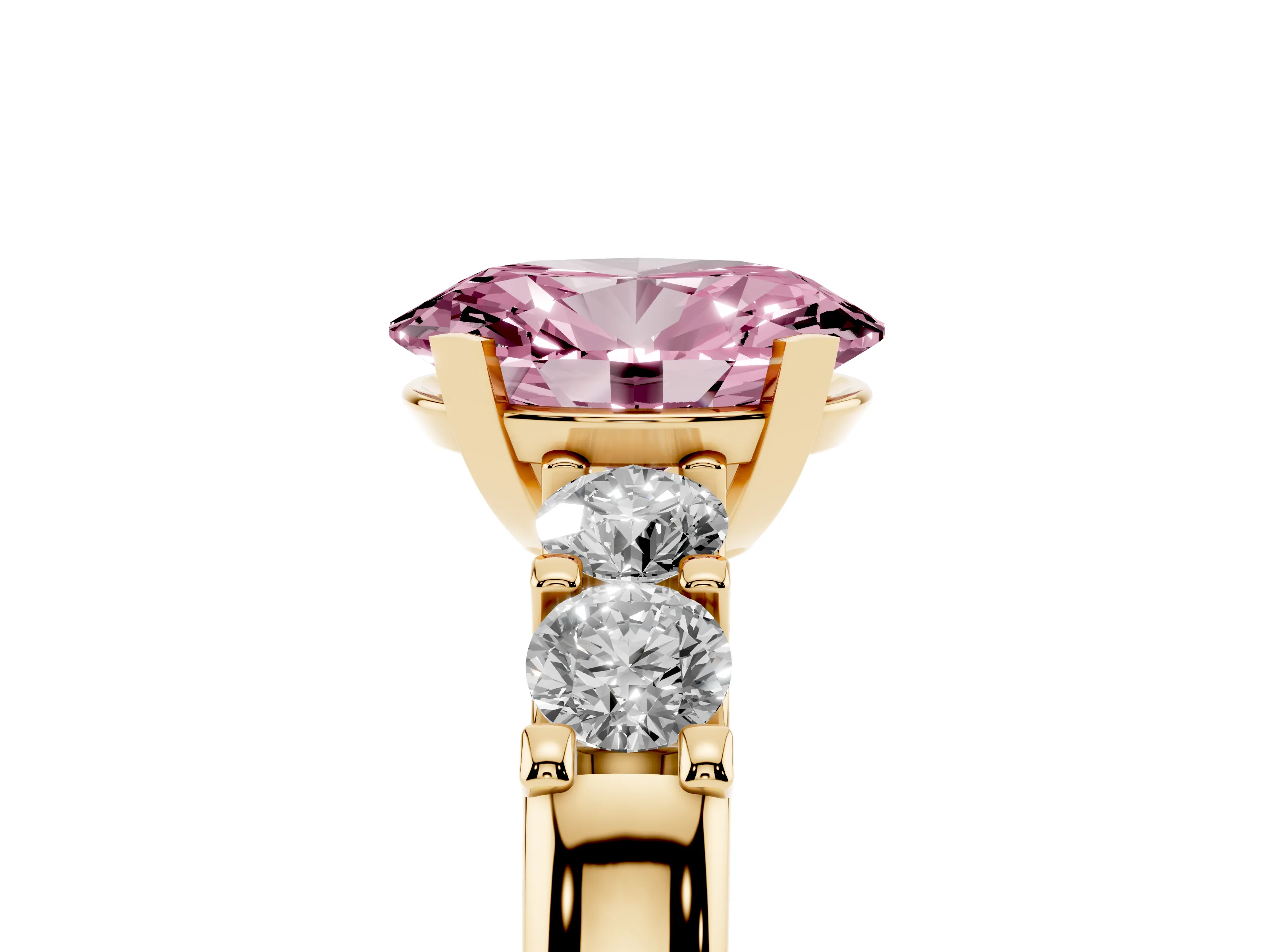 Fancy Pink Oval Cut Diamond Five-Stone Prong Set Engagement Ring Set in Yellow gold with Channel Band