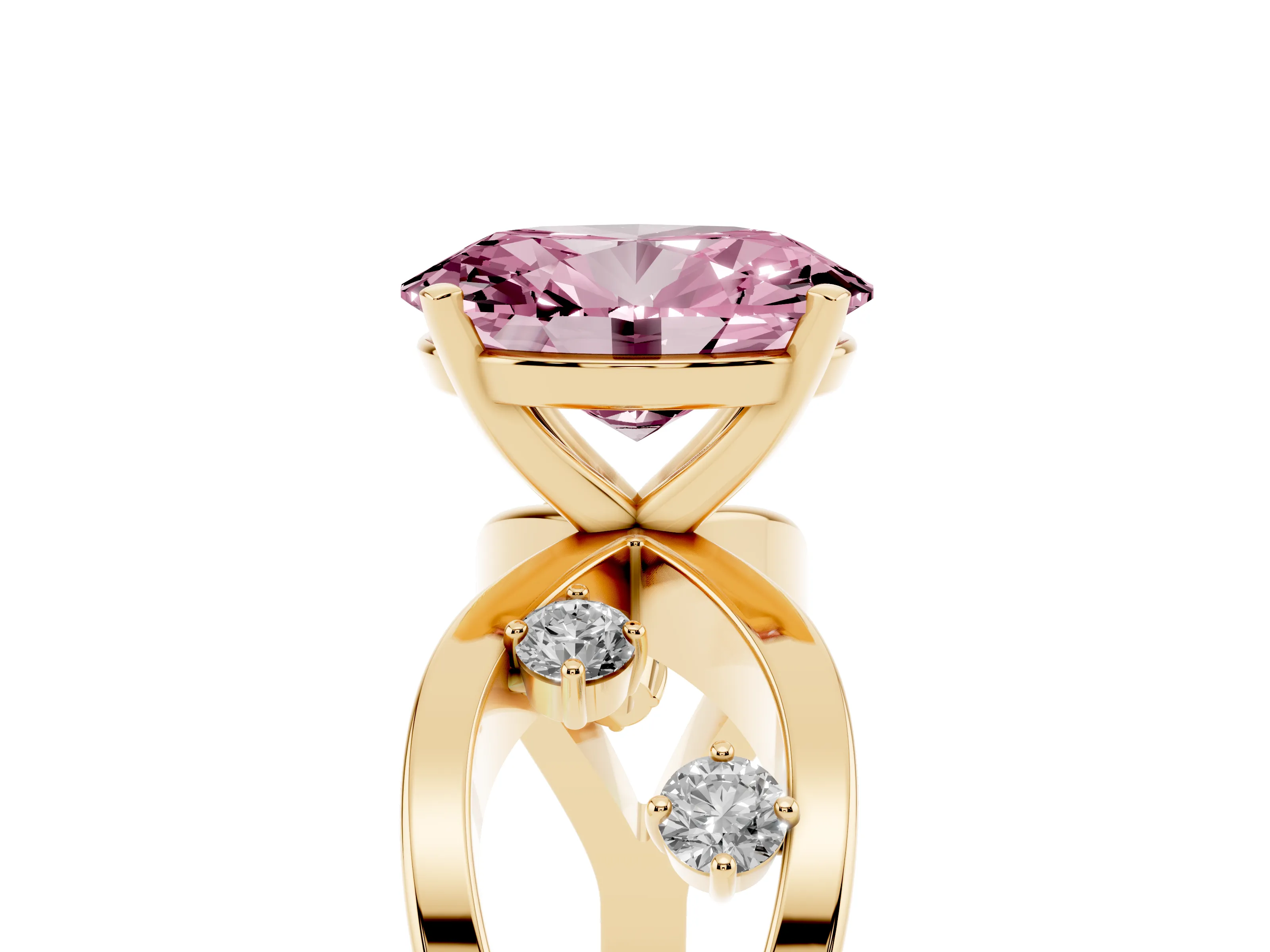 Fancy Pink Oval Cut Diamond Solitaire Ring Set in Yellow gold with Side Stones on Criss-Cross Band and Prong Setting