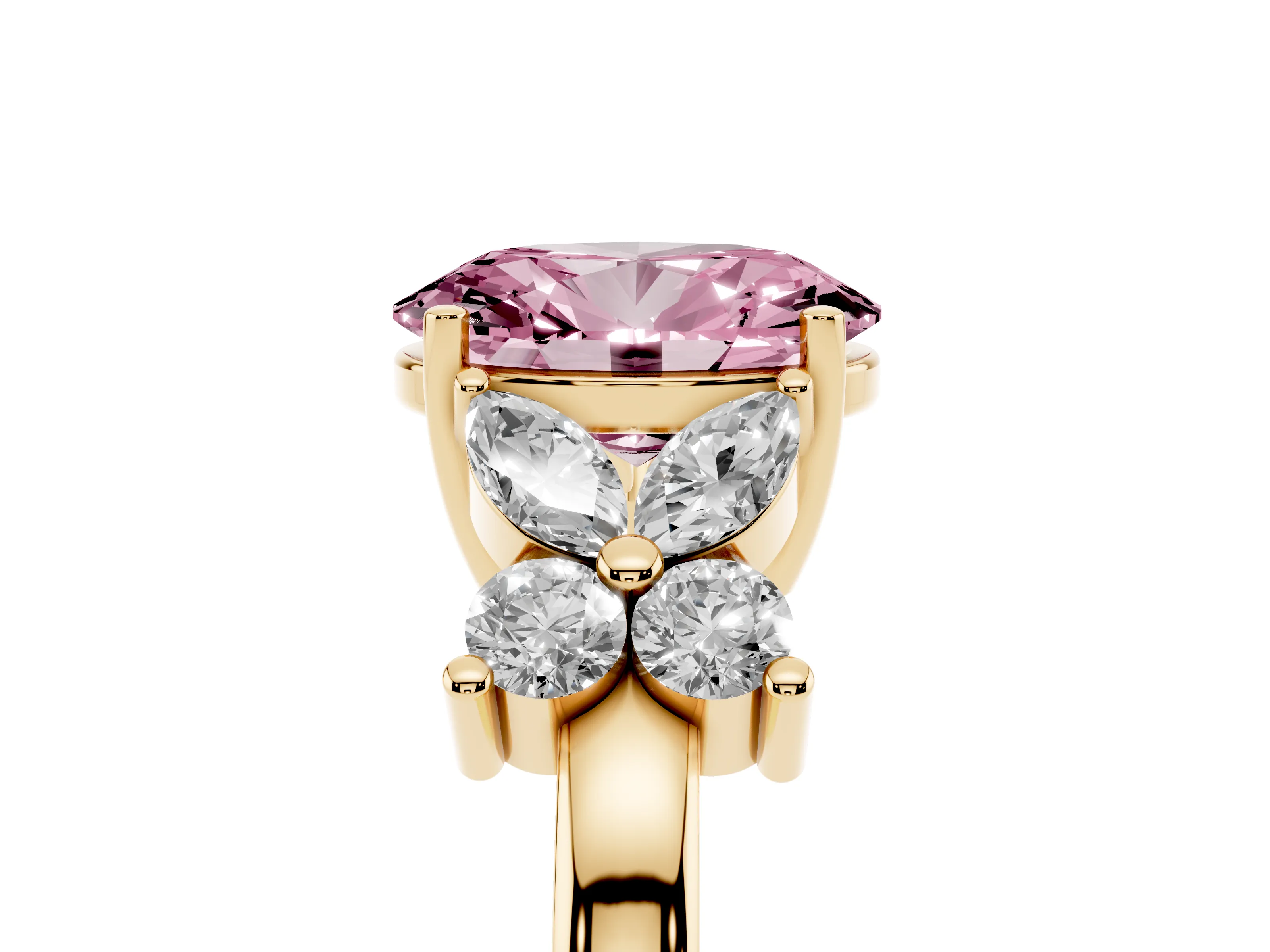 Fancy Pink Oval Cut Diamond Floral Cluster Ring Set in Yellow gold with Marquise Petals and Prong Setting