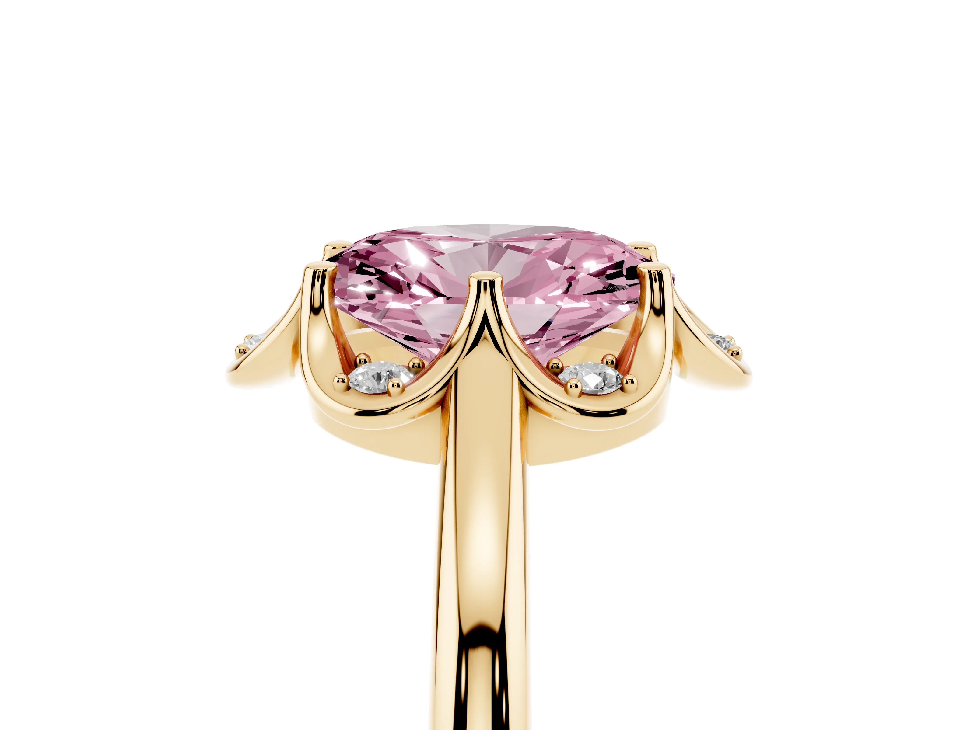 Fancy Pink Oval Cut Diamond Round Cluster Halo Ring Set in Yellow gold with Solitaire Band and Prong Setting