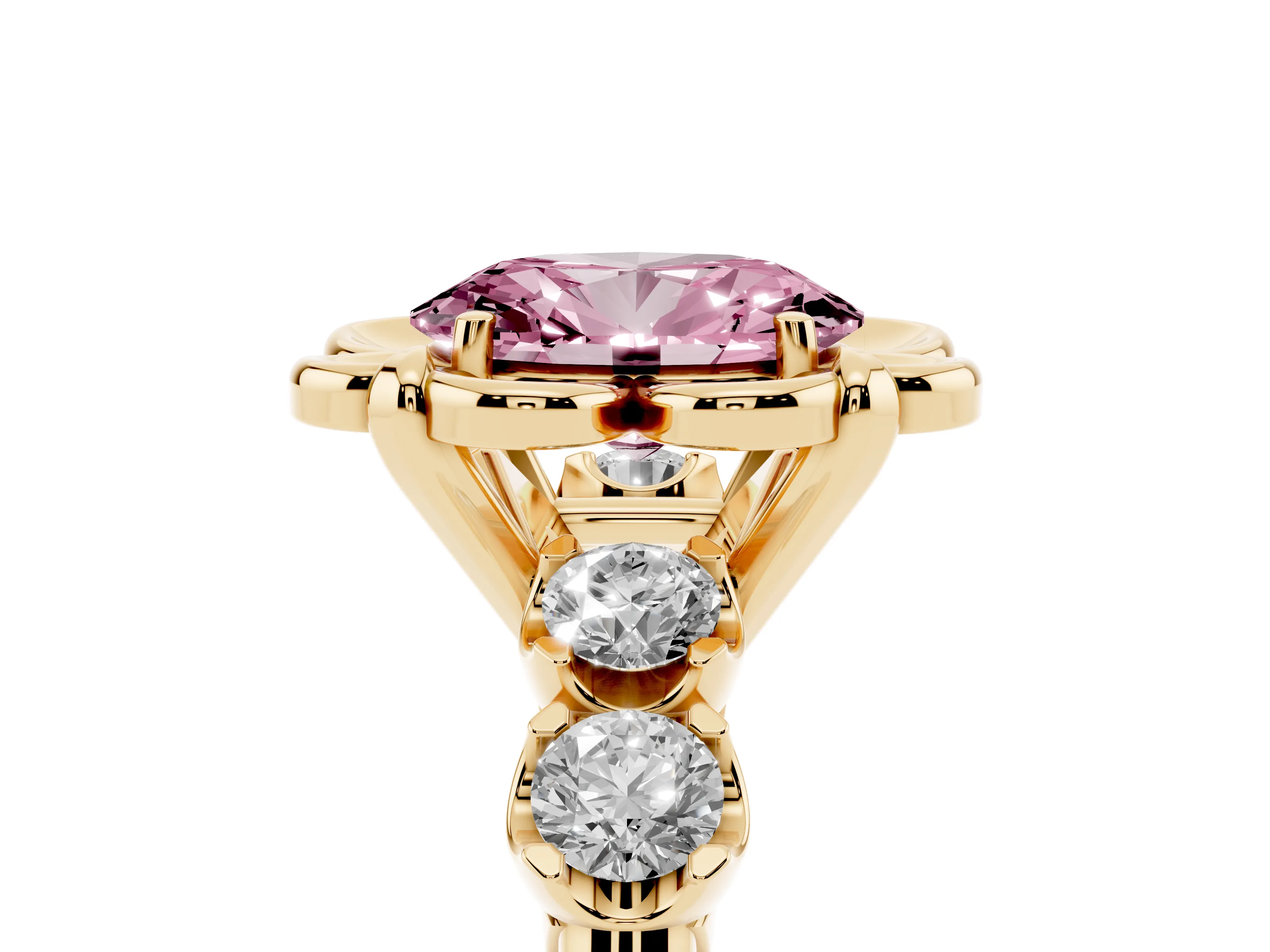 Fancy Pink Oval Cut Diamond Floral Halo Ring Set in Yellow gold with Shared Prong Band