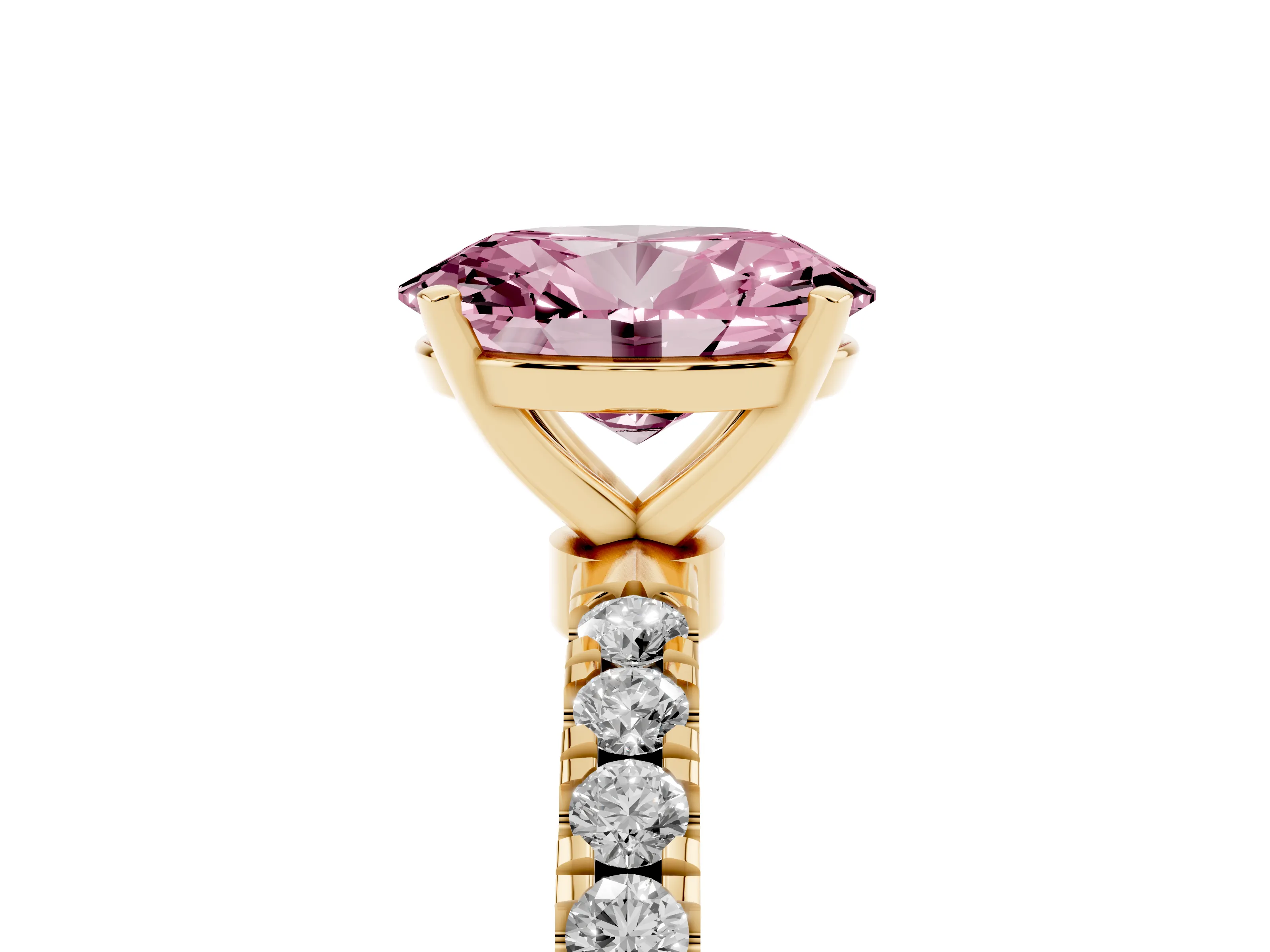 Fancy Pink Oval Cut Diamond Solitaire Ring Set in Yellow gold with Pavé Accents and Prong Setting
