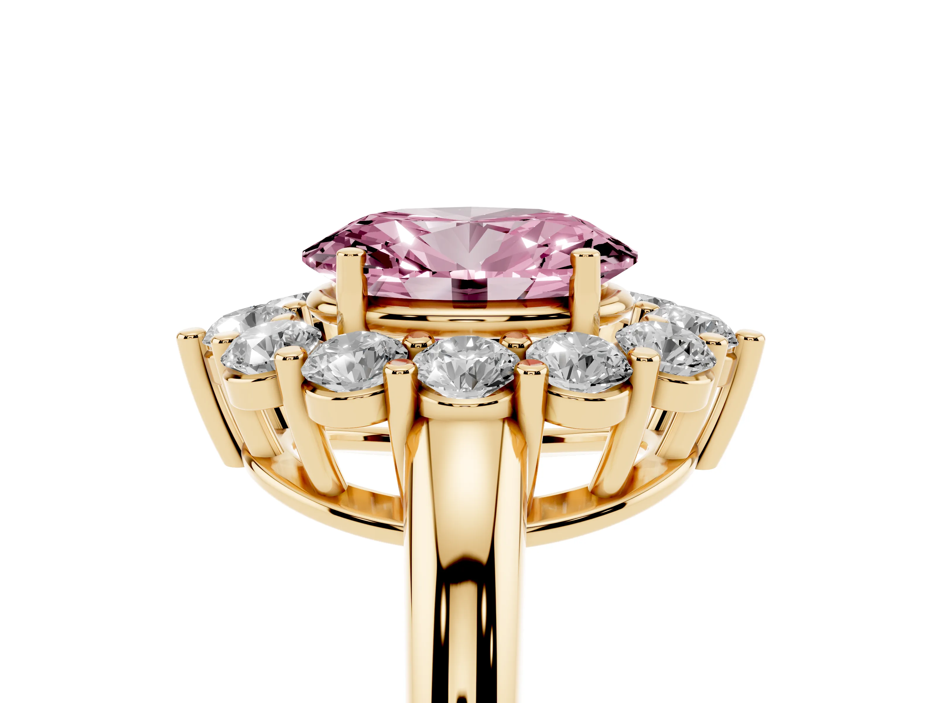 Fancy Pink Oval Cut Diamond Halo Cluster Engagement Ring Set in Yellow gold with Polished Band and Prong Setting
