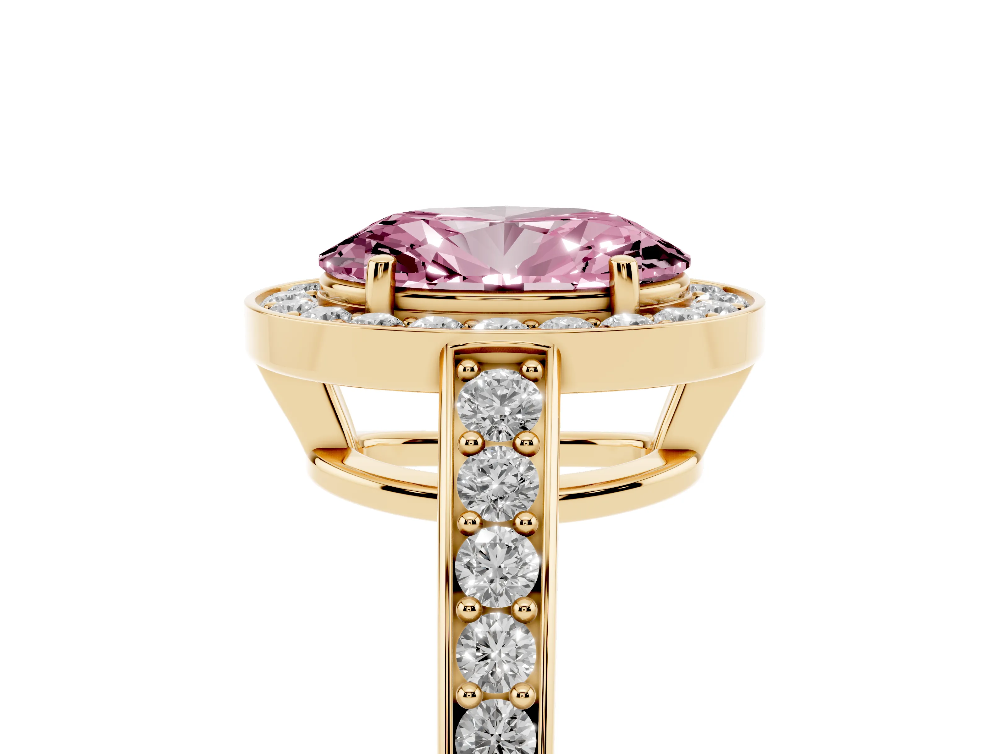 Fancy Pink Oval Cut Diamond Halo Pavé Engagement Ring Set in Yellow gold with Bezel Setting