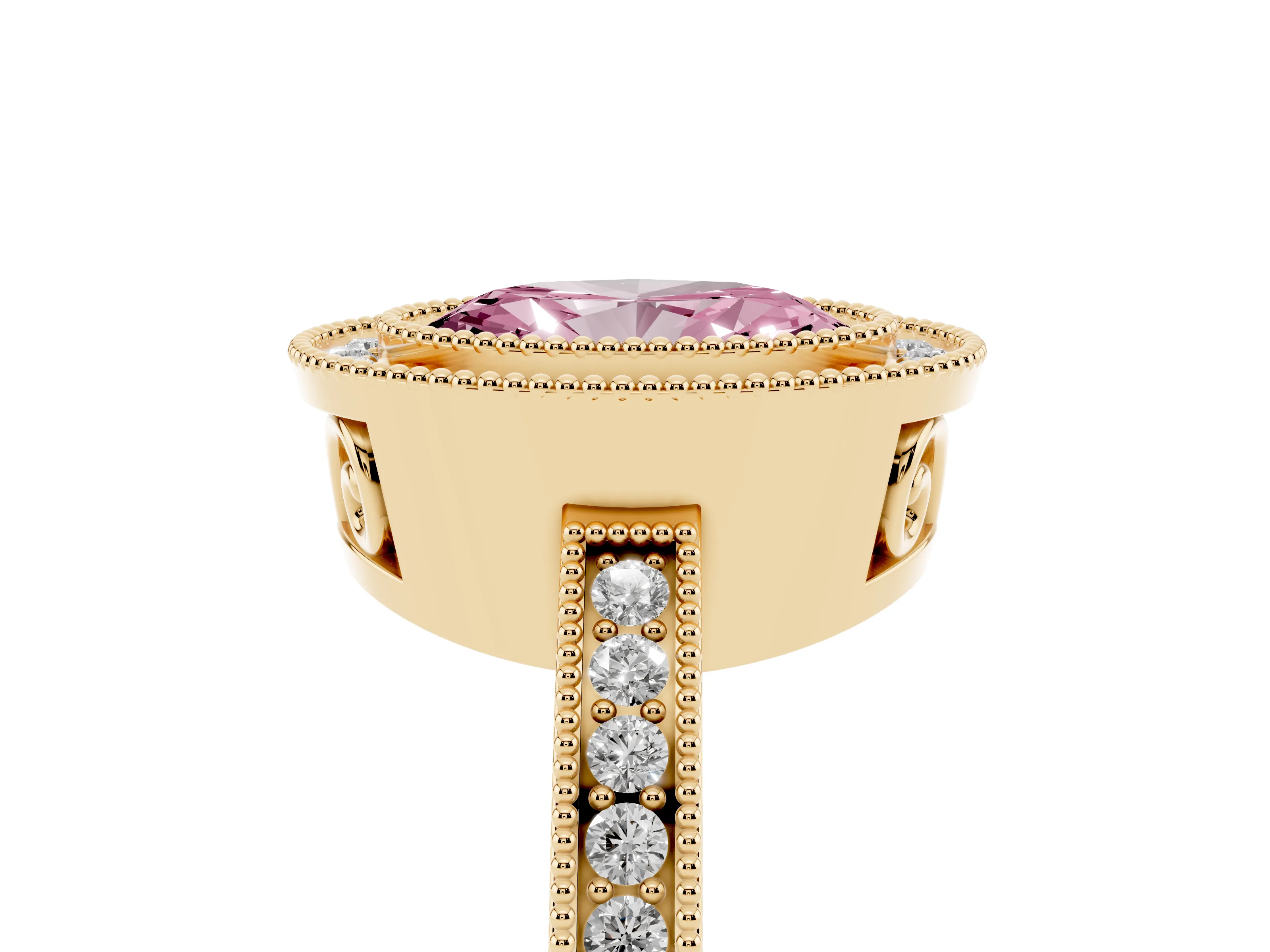 Fancy Pink Oval Cut Diamond Halo Ring Set in Yellow gold with Pavé Band and Milgrain-Edged Prongs
