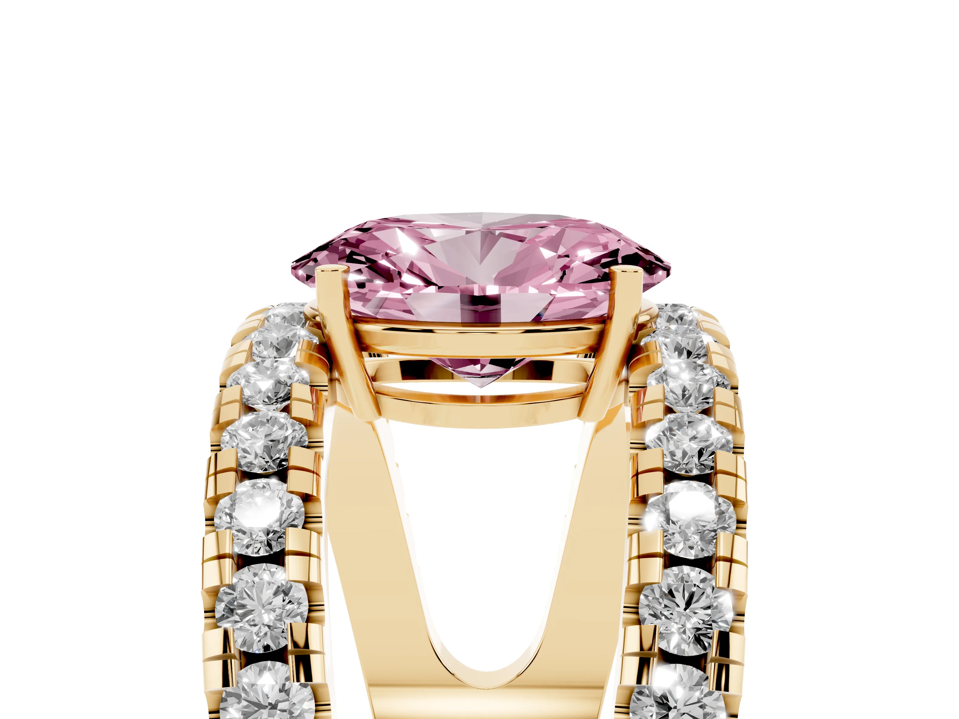 Fancy Pink Oval Cut Diamond Split Shank Pavé Solitaire Ring Set in Yellow gold with Open Shank Design