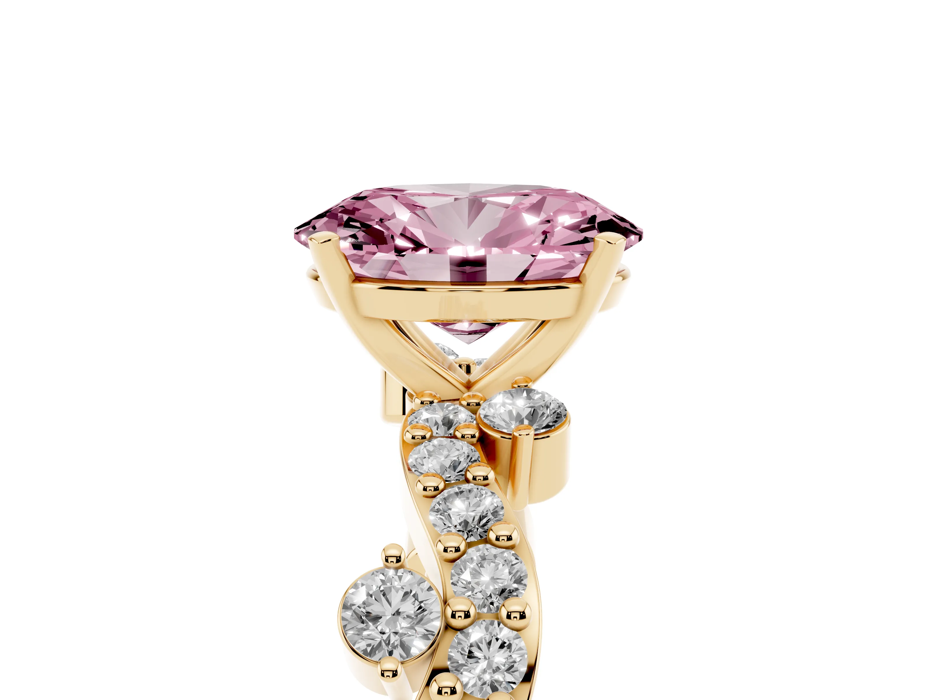 Fancy Pink Oval Cut Diamond Solitaire Twisted Band Set in Yellow gold with Pavé Setting