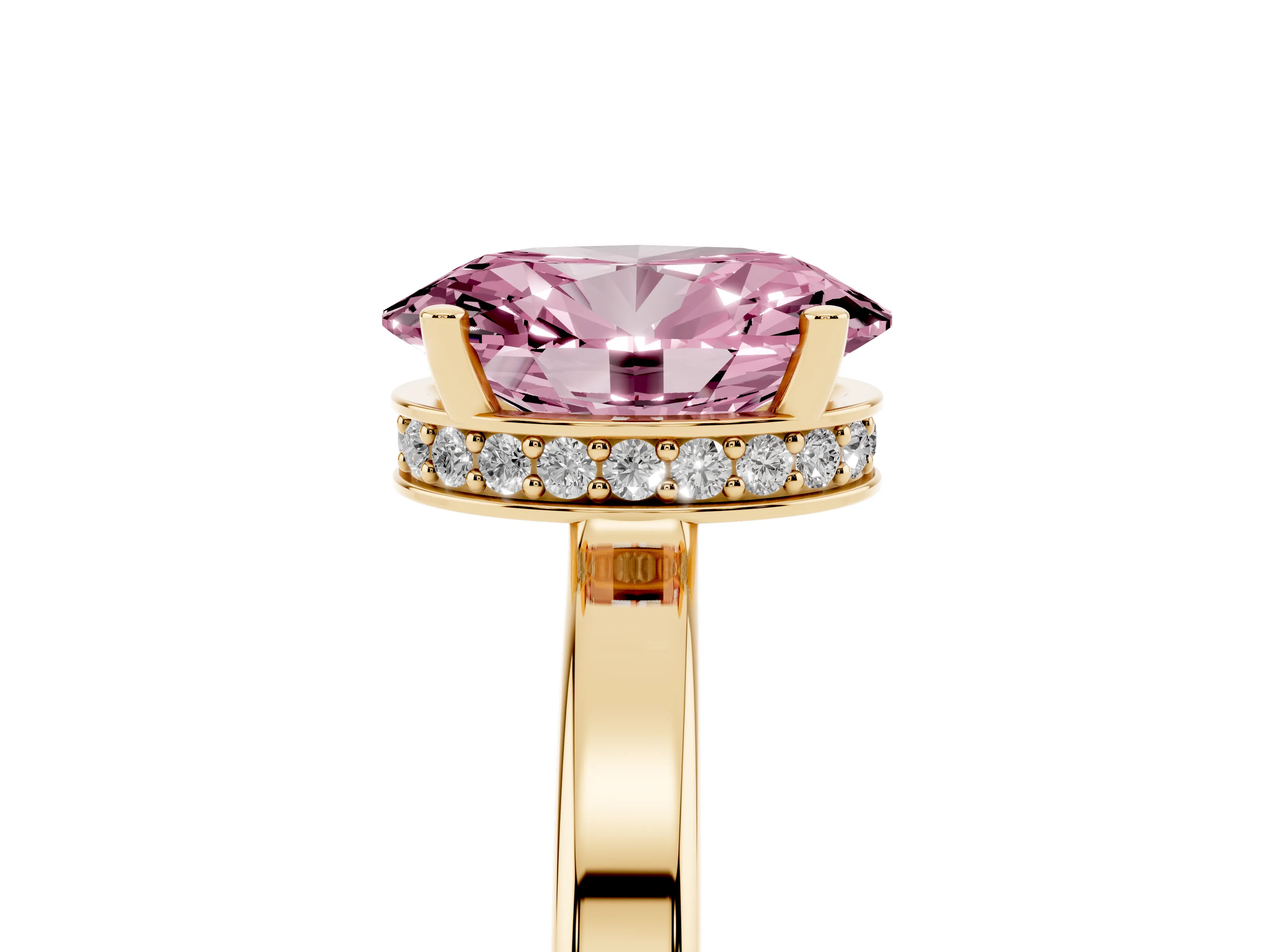 Fancy Pink Oval Cut Diamond Solitaire Engagement Ring Set in Yellow gold with Prong Setting on a Plain Band
