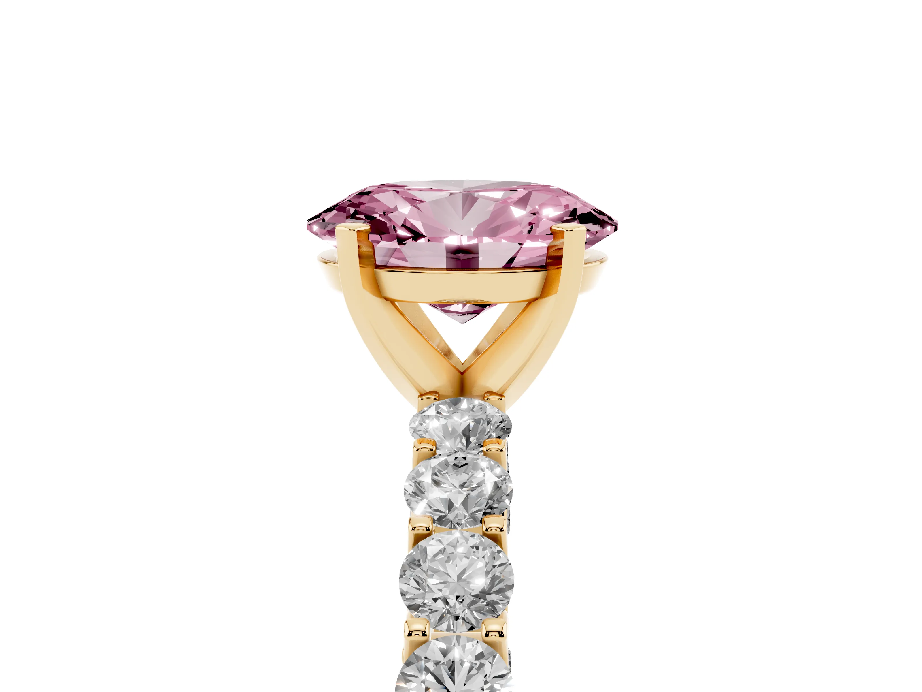 Fancy Pink Oval Cut Diamond Solitaire Ring Set in Yellow gold with Shared Prong Pavé Band