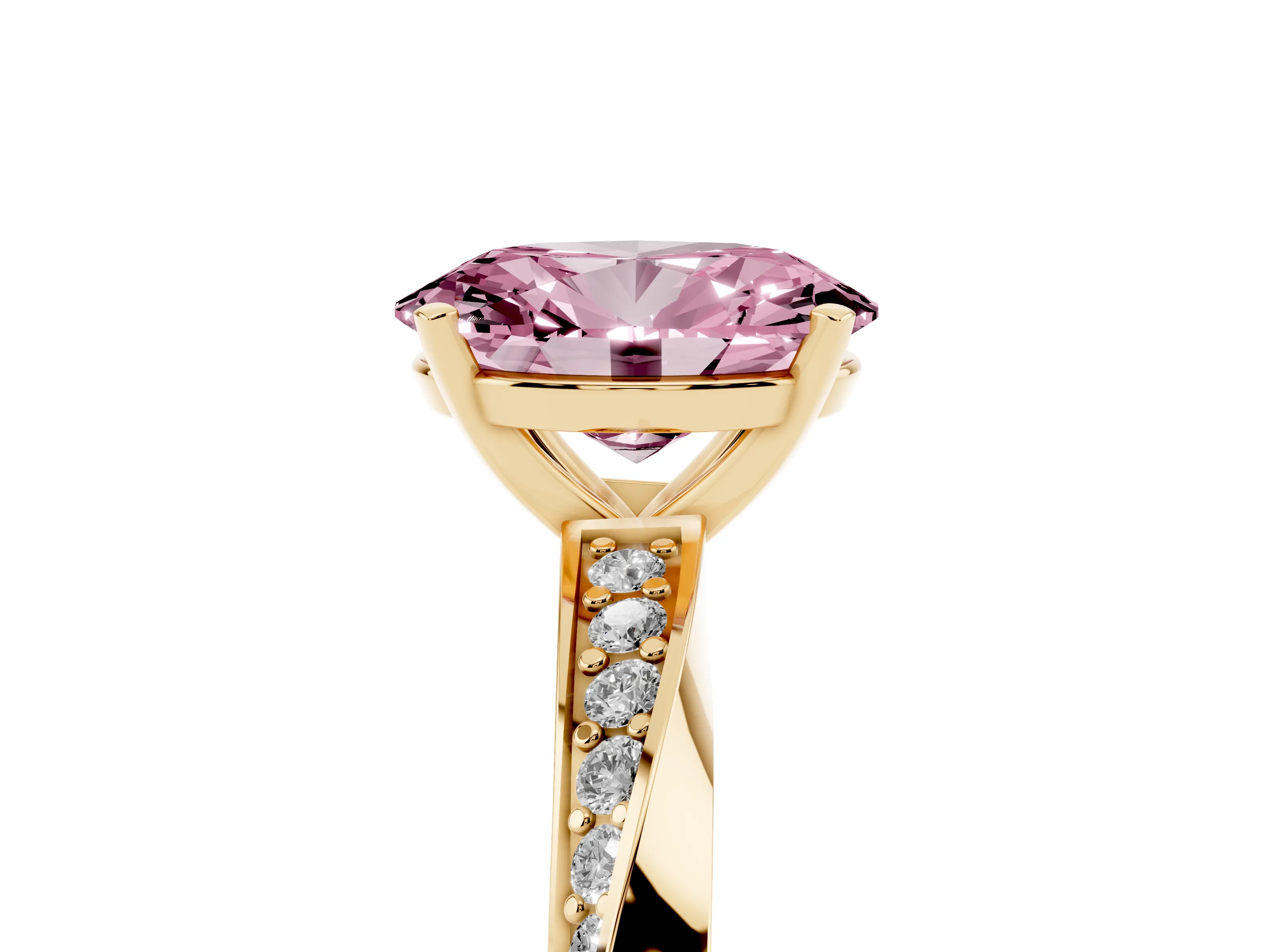 Fancy Pink Oval Cut Diamond Engagement Ring Set in Yellow gold with Side Stone Accents and Prong Setting