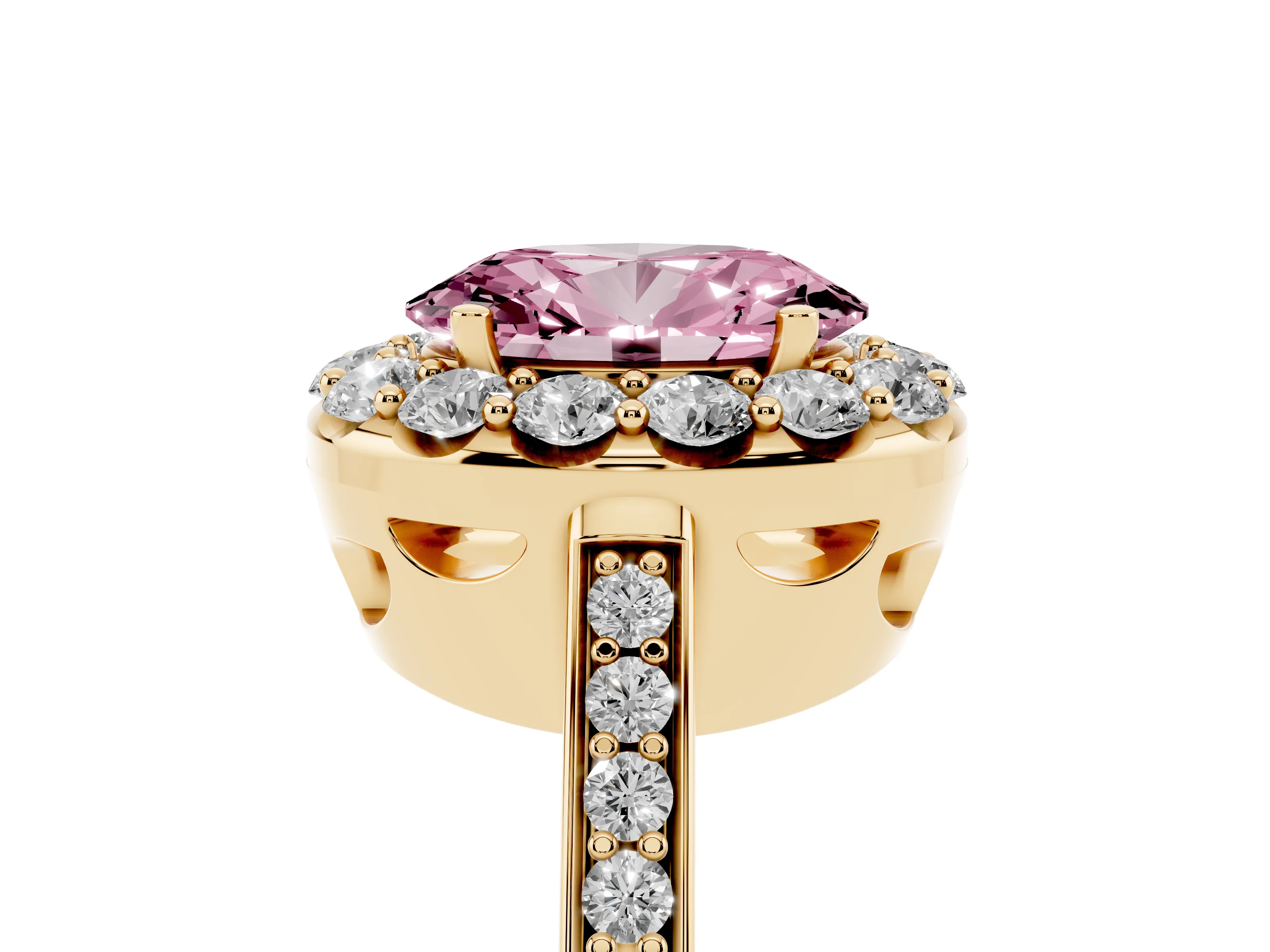 Fancy Pink Oval Cut Diamond Floral Halo Ring Set in Yellow gold with Pavé Band and Prong Setting