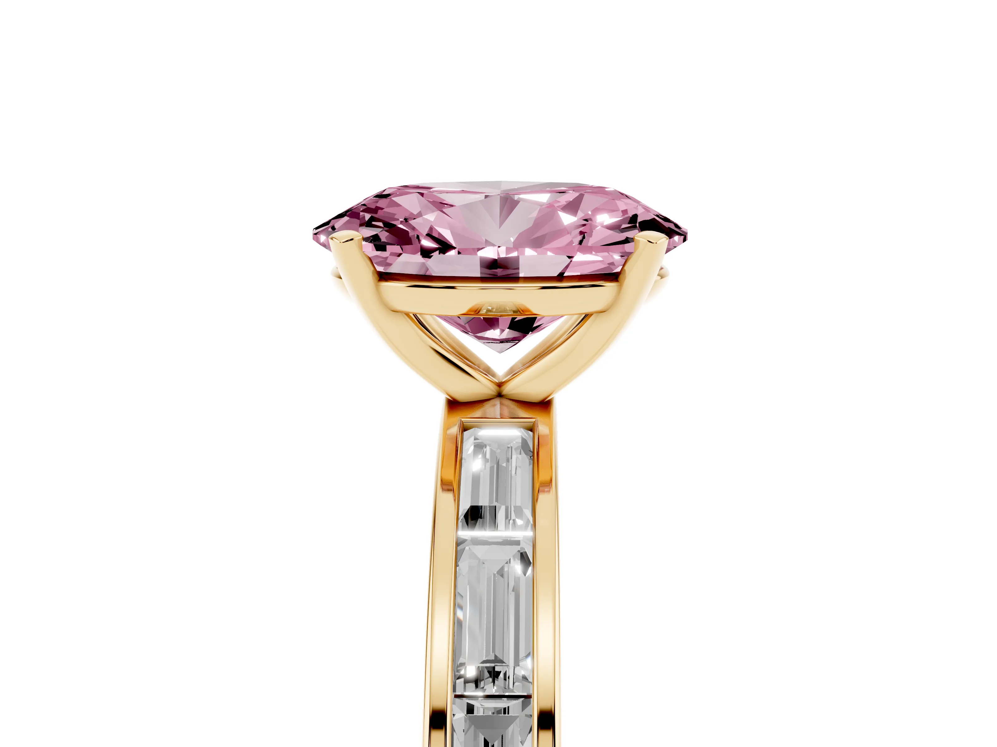 Fancy Pink Oval Cut Diamond Solitaire Ring Set in Yellow gold with Channel-Set Baguette Band and Prong Setting
