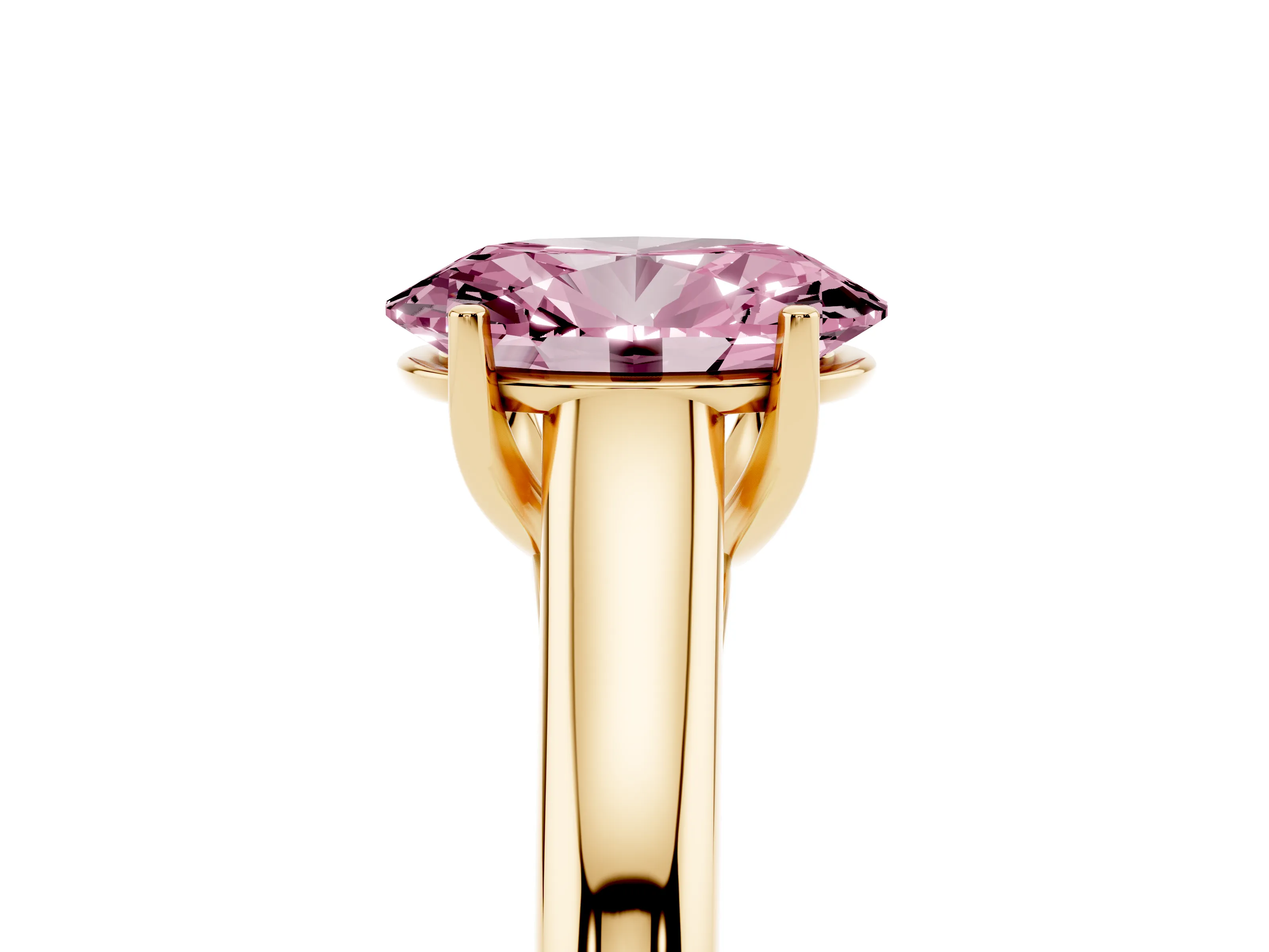 Fancy Pink Oval Cut Diamond Solitaire Engagement Ring Set in Yellow gold with Subtly Tapered Band and Prong Setting