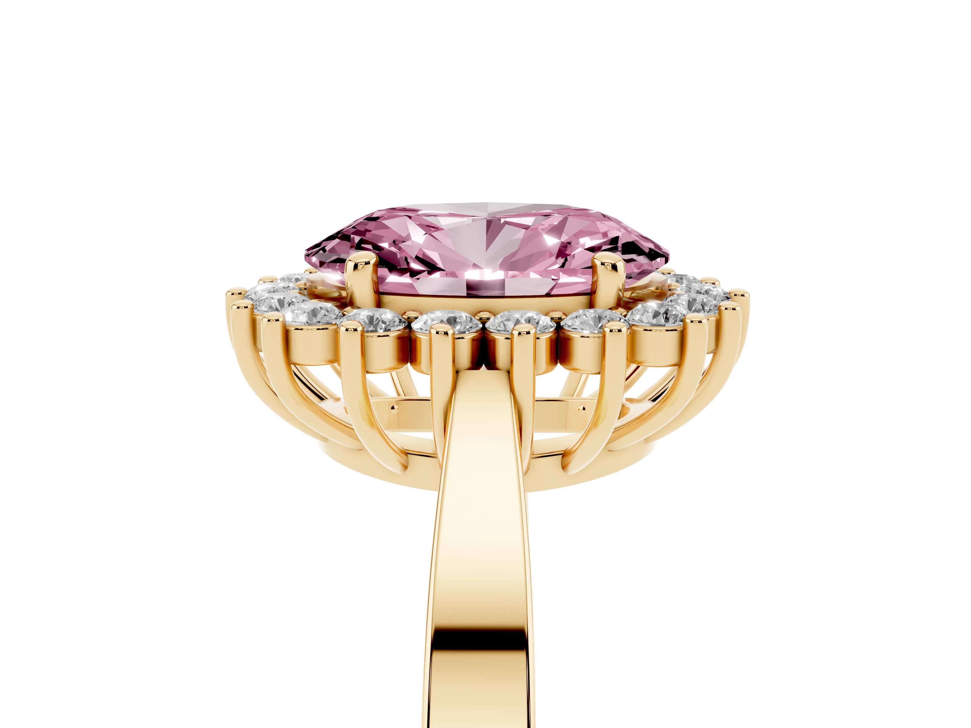 Fancy Pink Oval Cut Diamond Halo Ring Set in Yellow gold with Round Halo and Smooth Solitaire Band
