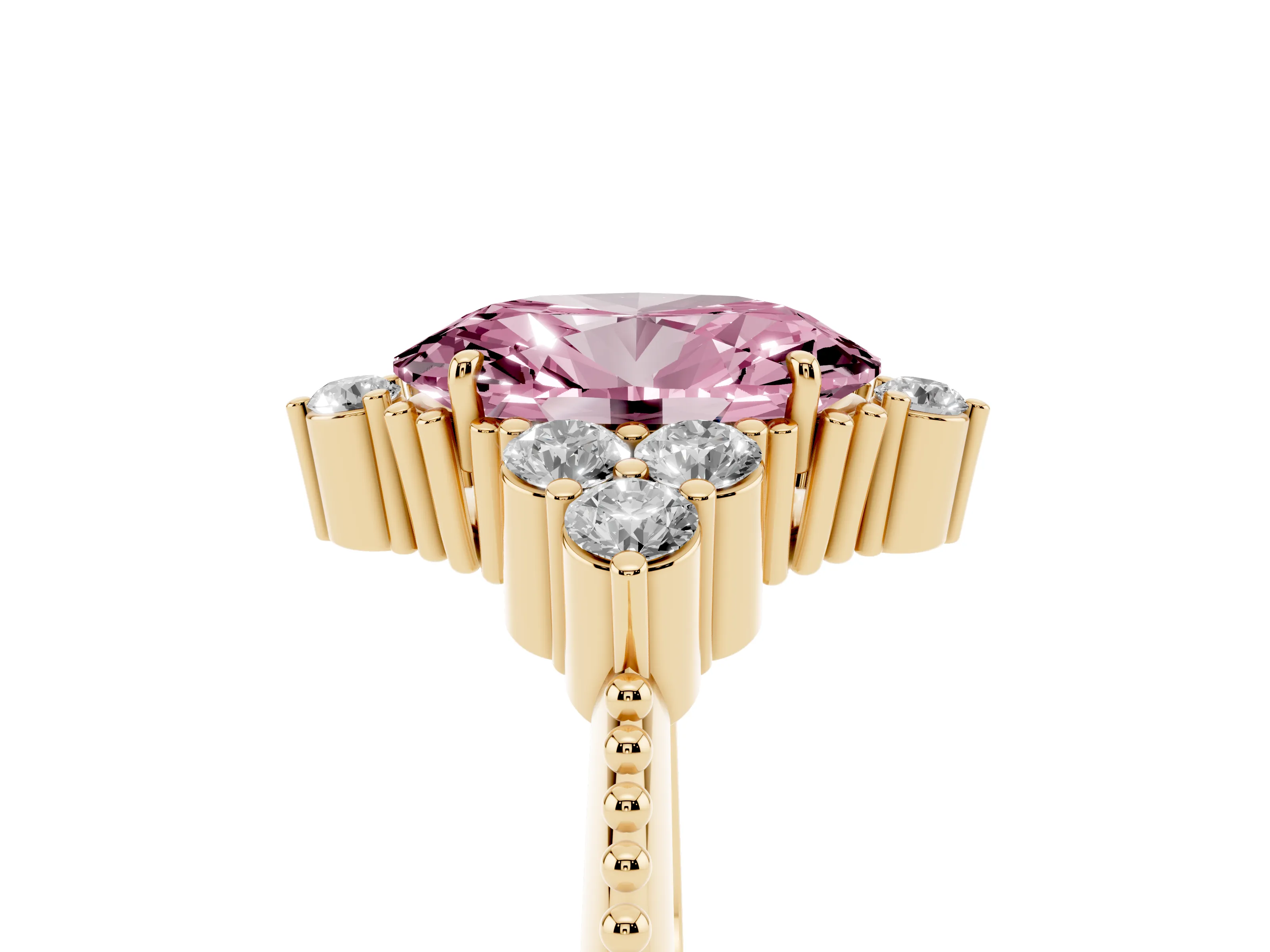 Fancy Pink Oval Cut Diamond Cluster Ring Set in Yellow gold with Beaded Band
