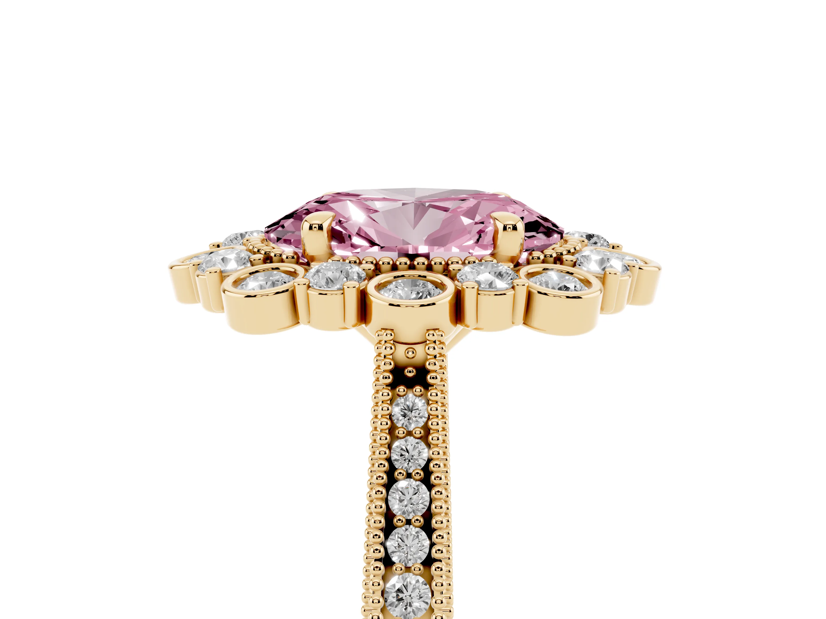 Fancy Pink Oval Cut Diamond Halo Milgrain Pavé Ring Set in Yellow gold with Prong Setting
