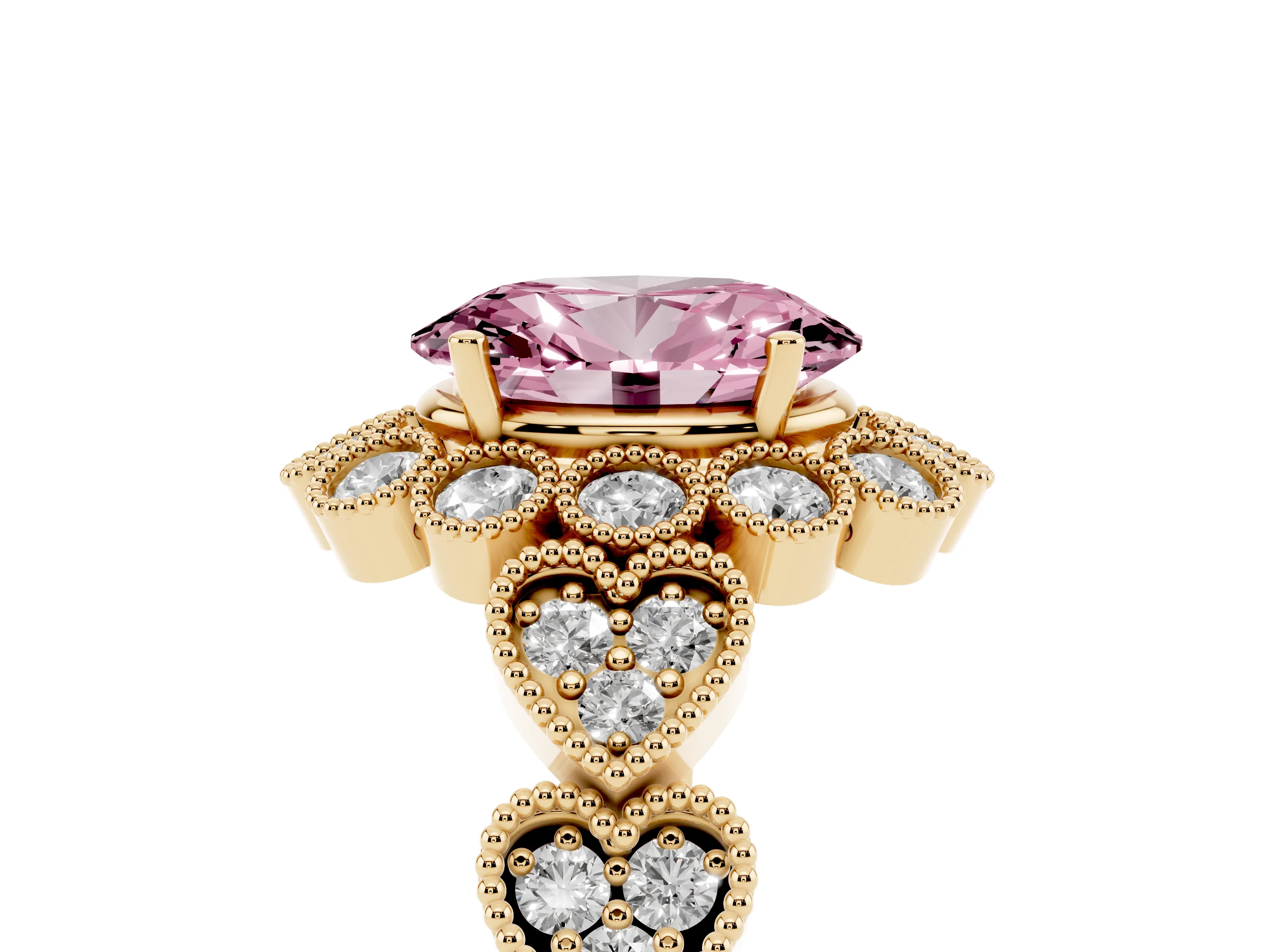 Fancy Pink Oval Cut Diamond Solitaire Ring Set in Yellow gold with Milgrain Pavé Heart Band