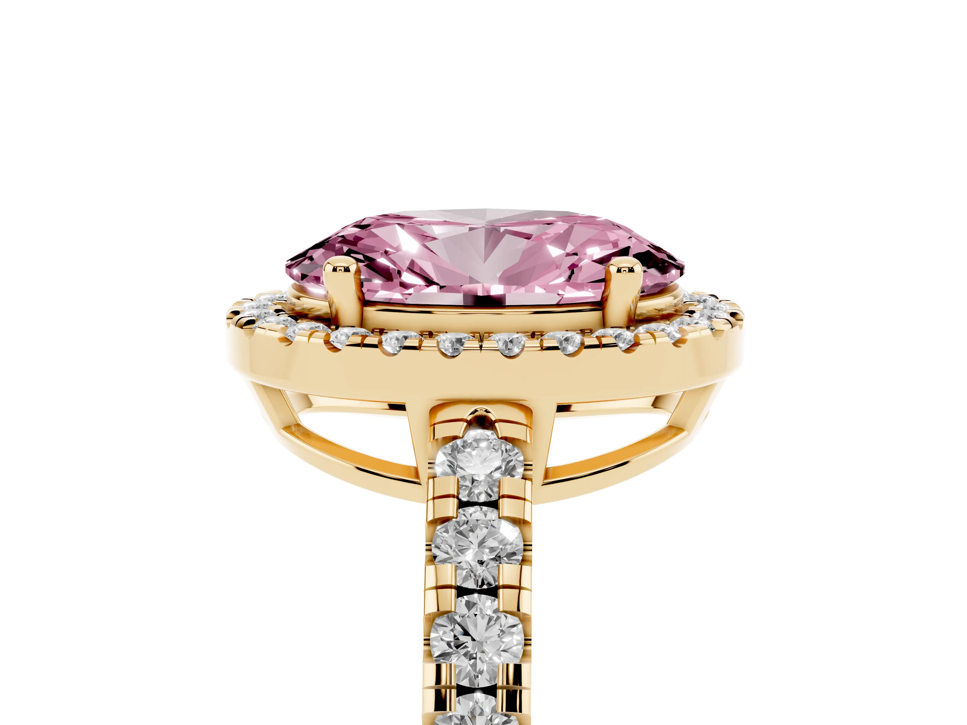 Fancy Pink Oval Cut Diamond Halo Ring Set in Yellow gold with Delicate Pavé Band and Prong Setting
