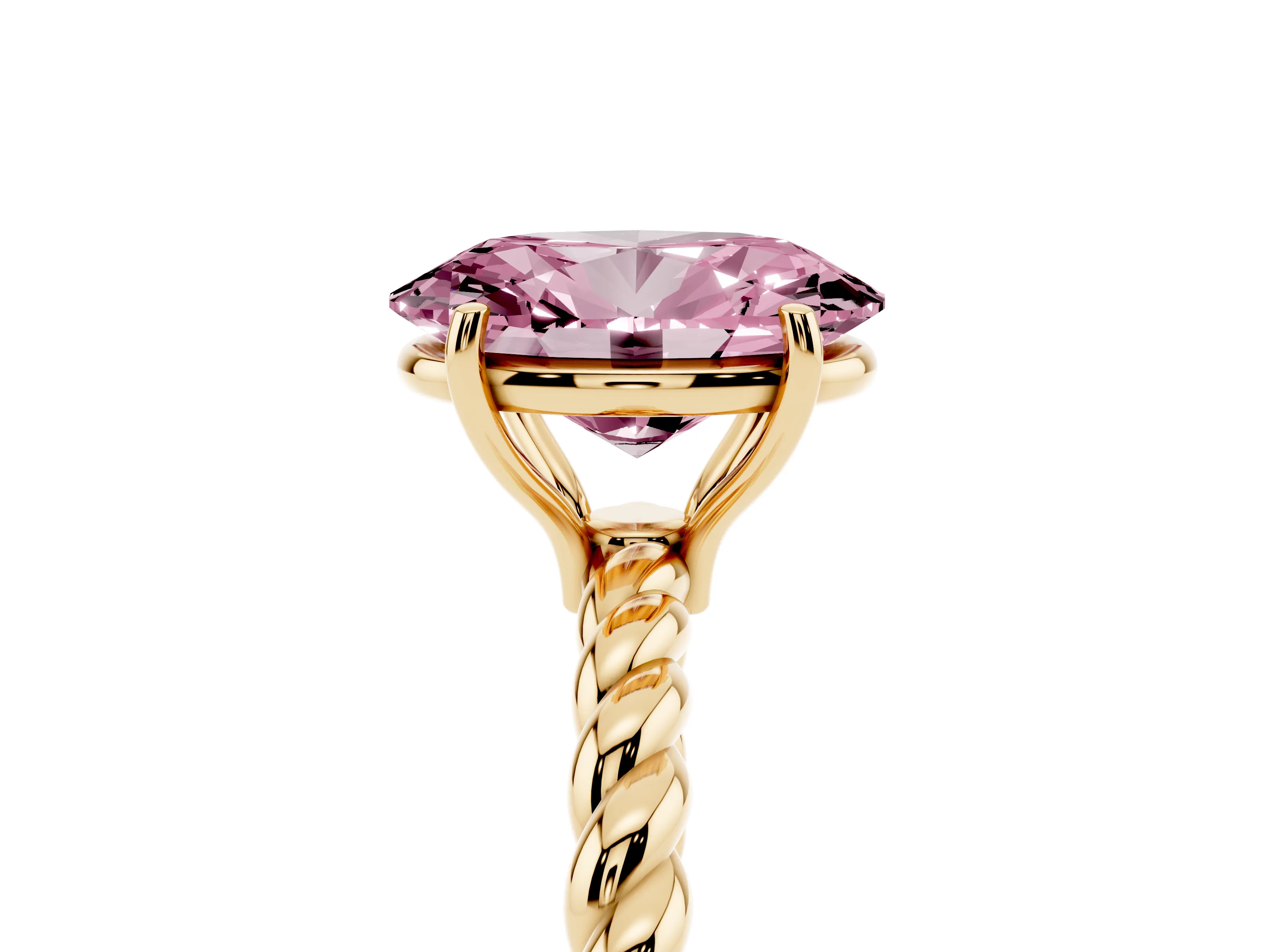 Fancy Pink Oval Cut Diamond Solitaire Ring Set in Yellow gold with Twist Band and Prong Setting