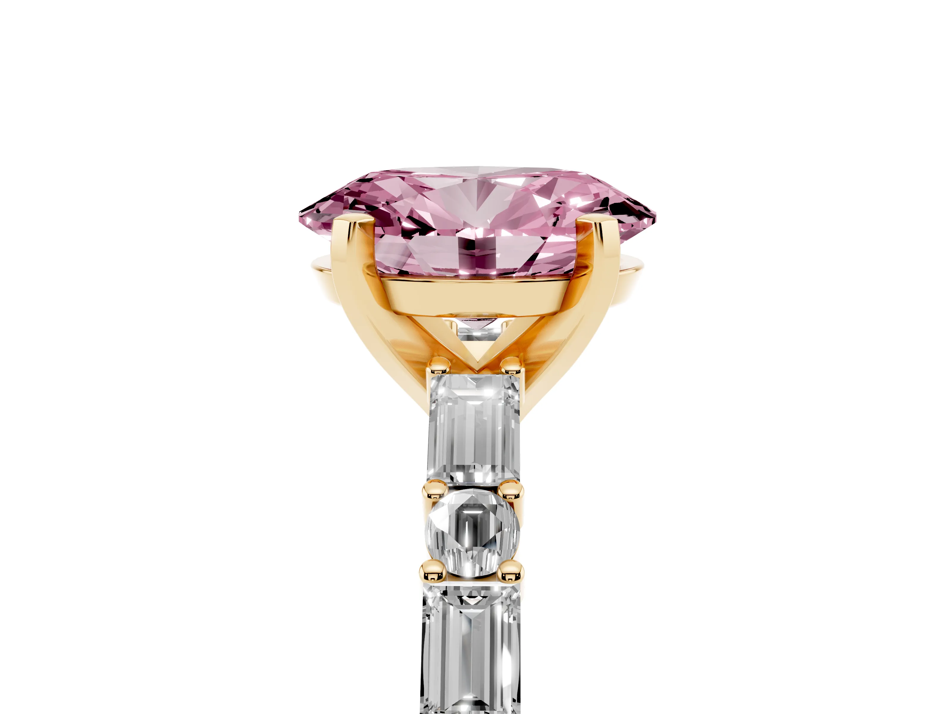 Fancy Pink Oval Cut Diamond Solitaire Set in Yellow gold with Side Baguettes and Channel Set Band
