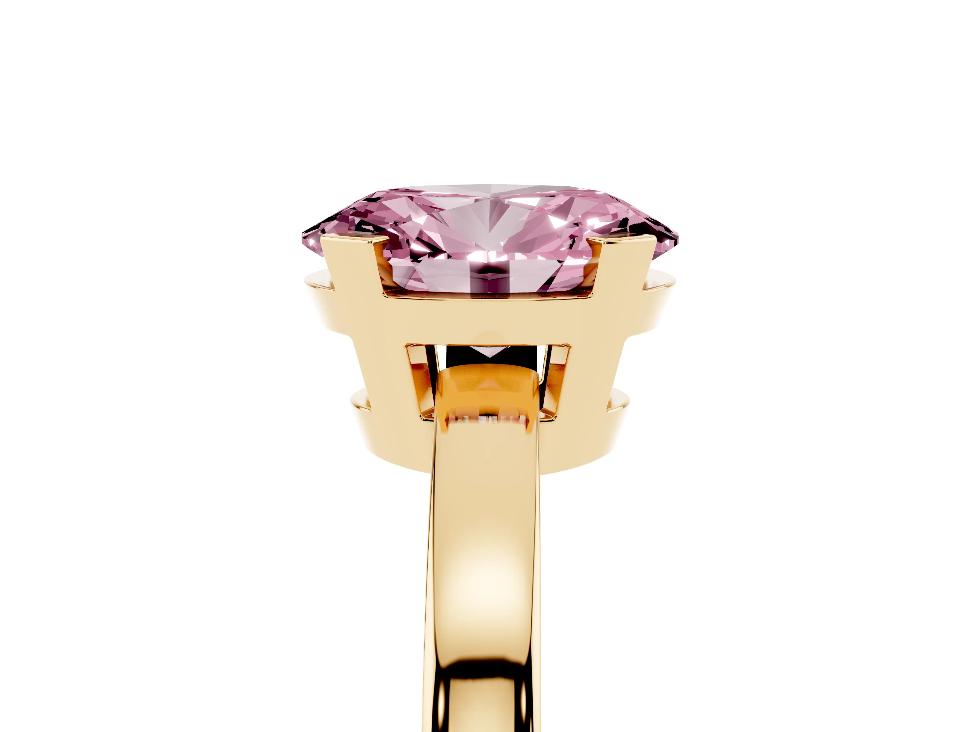 Fancy Pink Oval Cut Diamond Solitaire Ring Set in Yellow gold with Prong Head and Smooth Polished Band