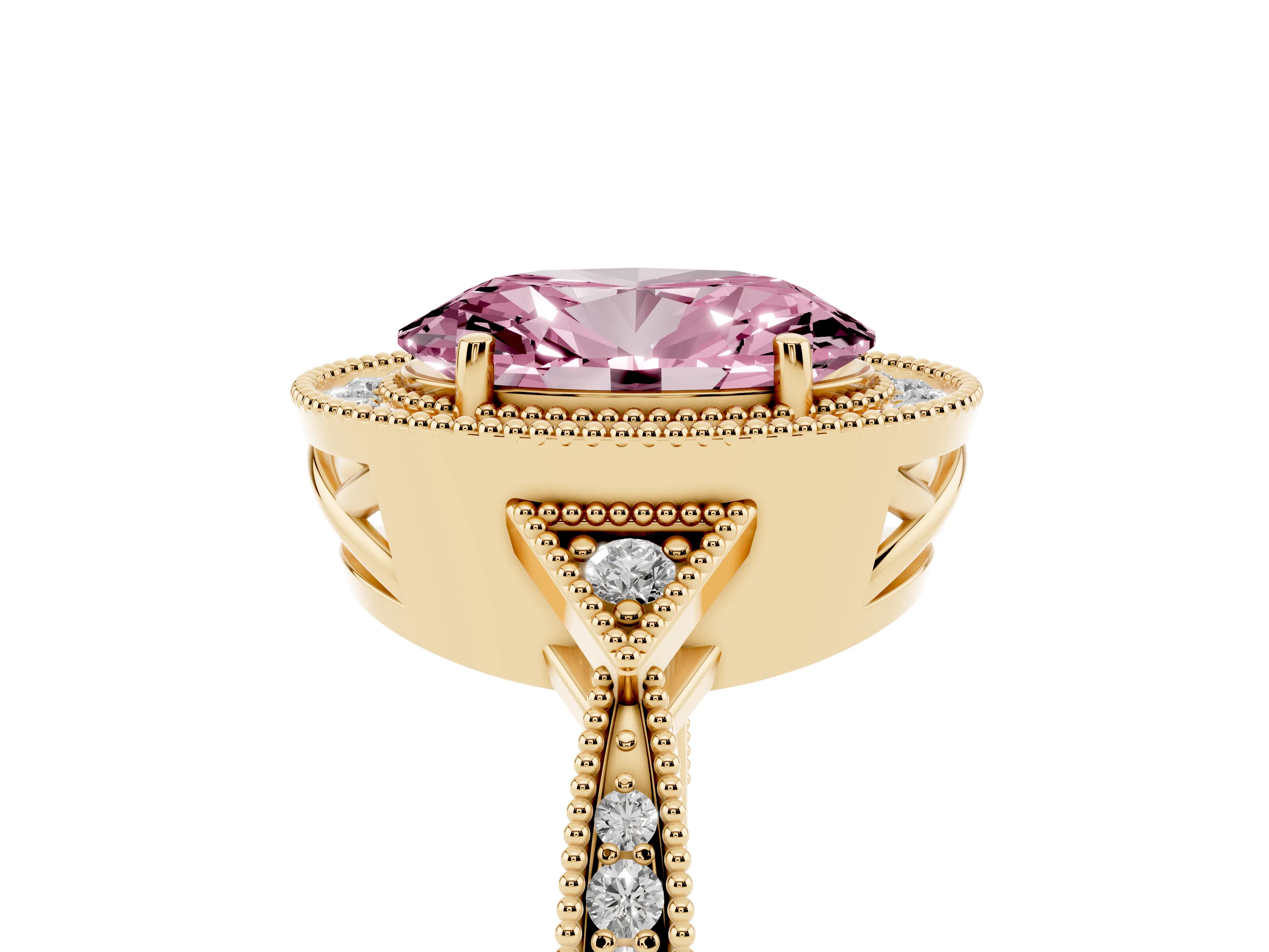 Fancy Pink Oval Cut Diamond Halo Engagement Ring Set in Yellow gold with Milgrain Pavé Band