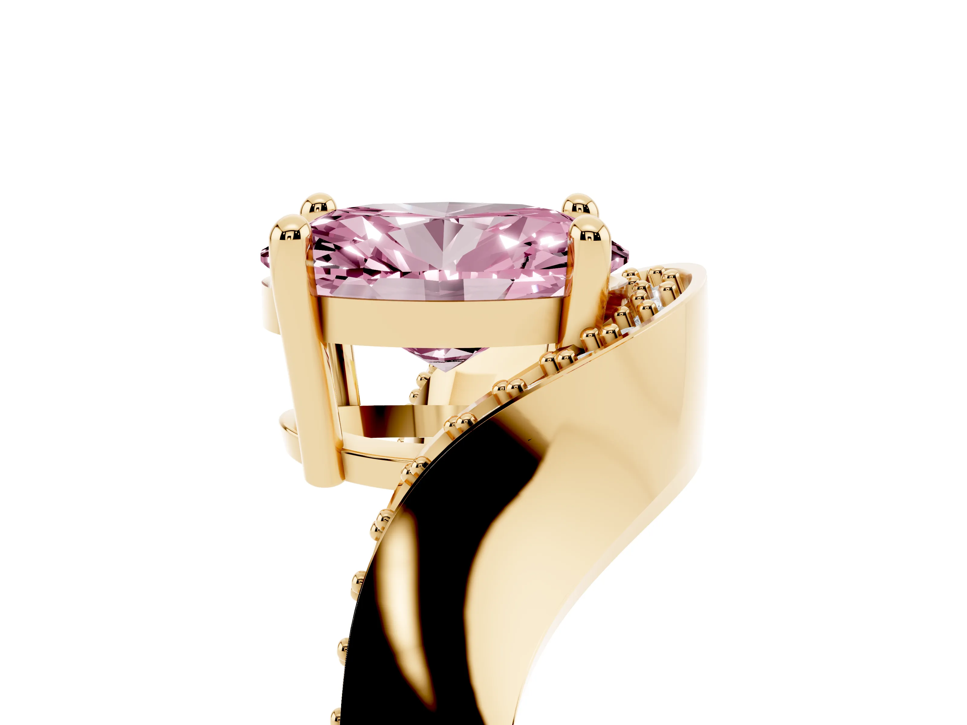 Fancy Pink Oval Cut Diamond Solitaire Engagement Ring Set in Yellow gold with Pavé Shoulders