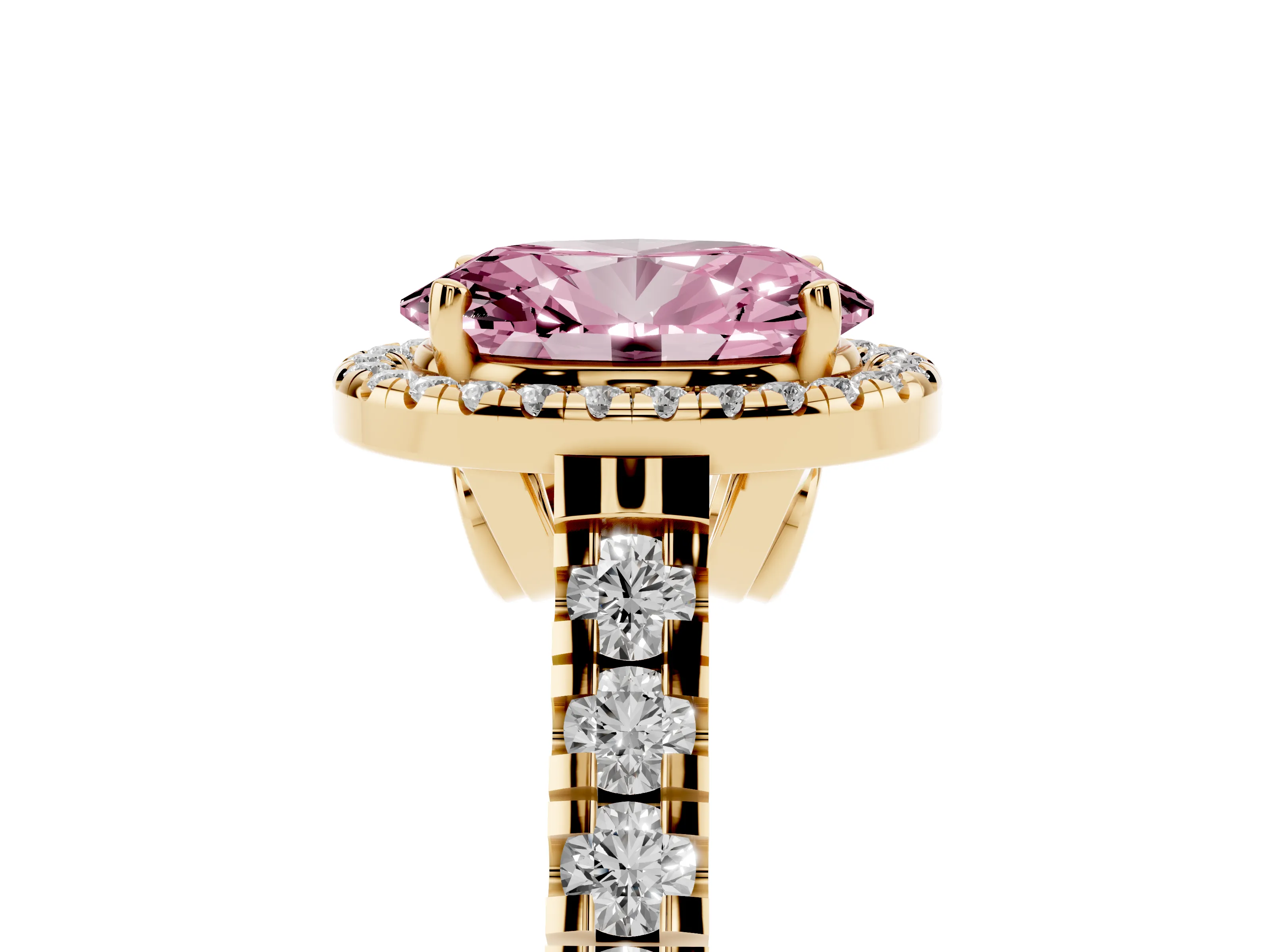 Fancy Pink Oval Cut Diamond Halo Engagement Ring Set in Yellow gold with Pavé Band and Prong-Set Center