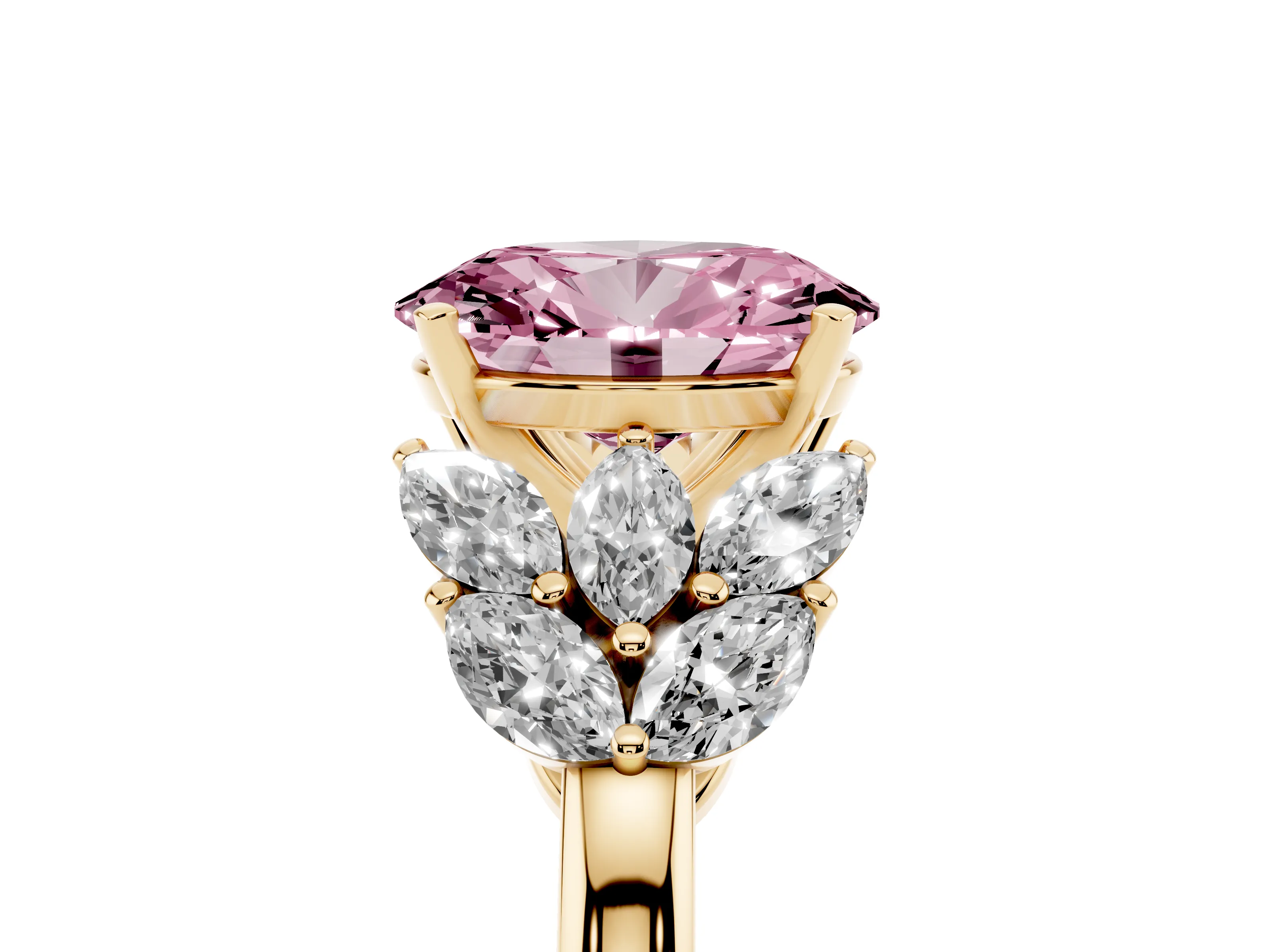 Fancy Pink Oval Cut Diamond Cluster Leaf Design Ring Set in Yellow gold with Prong Setting