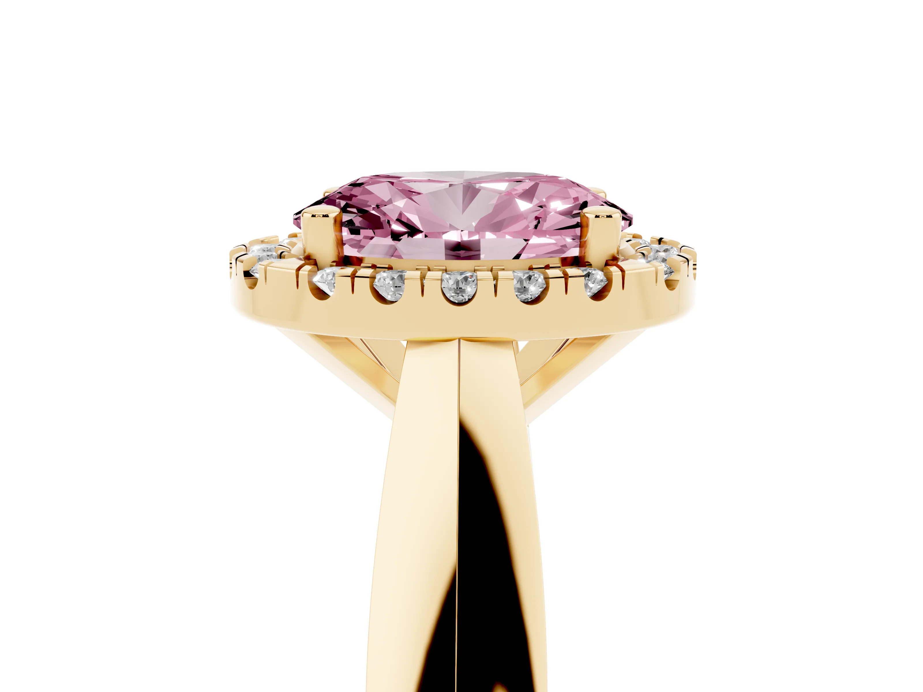 Fancy Pink Oval Cut Diamond Halo Solitaire Engagement Ring Set in Yellow gold with Square Band and Prong Setting