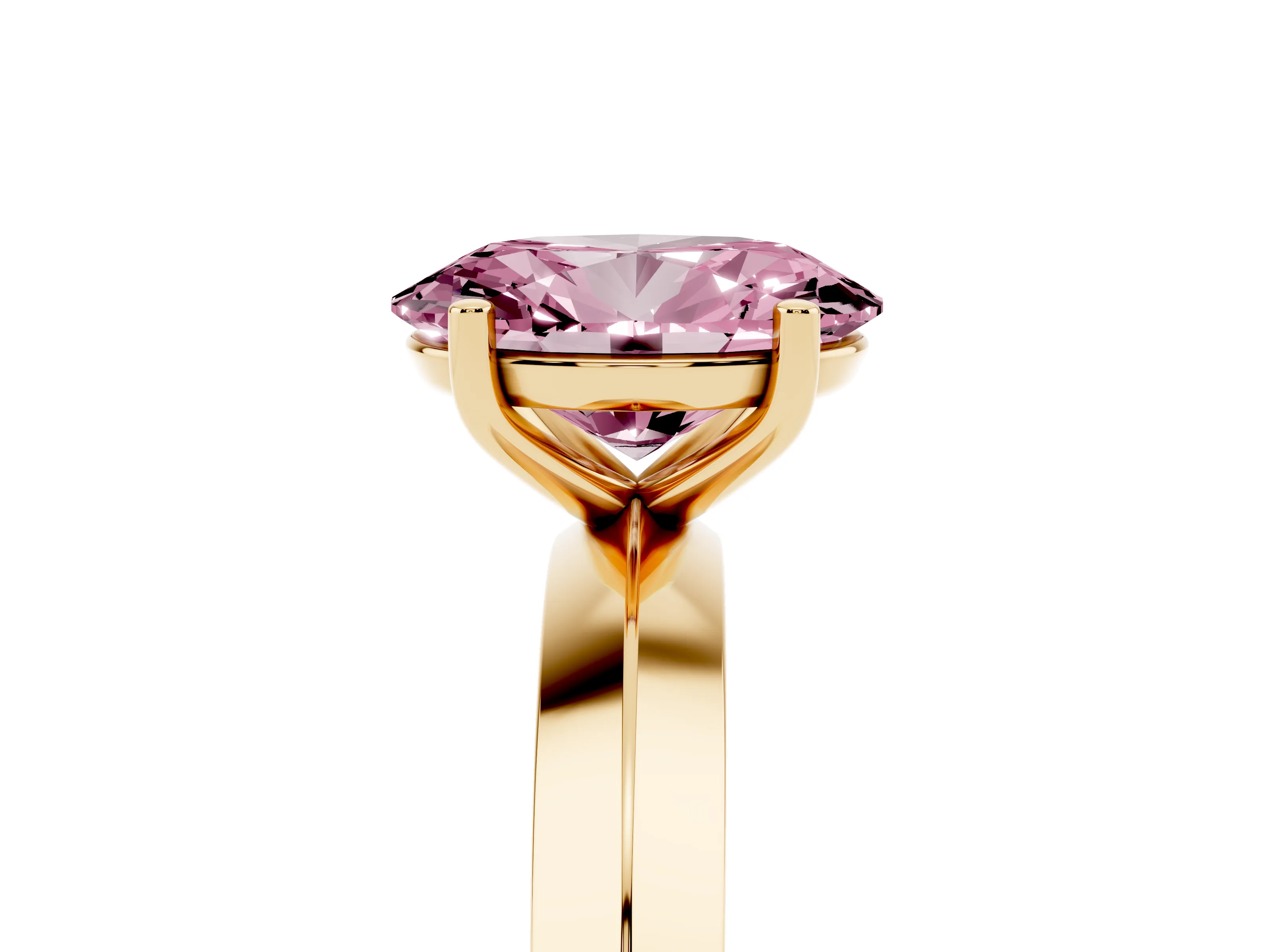 Fancy Pink Oval Cut Diamond Solitaire Engagement Ring Set in Yellow gold with Flat Band and Prong Setting