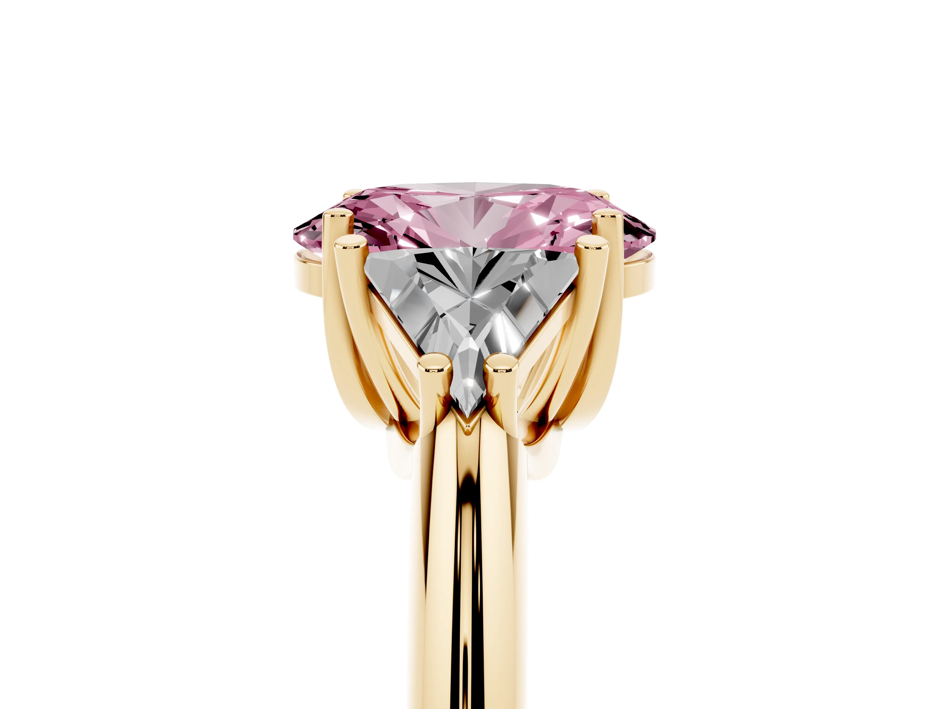 Fancy Pink Oval Cut Diamond Three-Stone Engagement Ring Set in Yellow gold with Trillion Side Stones