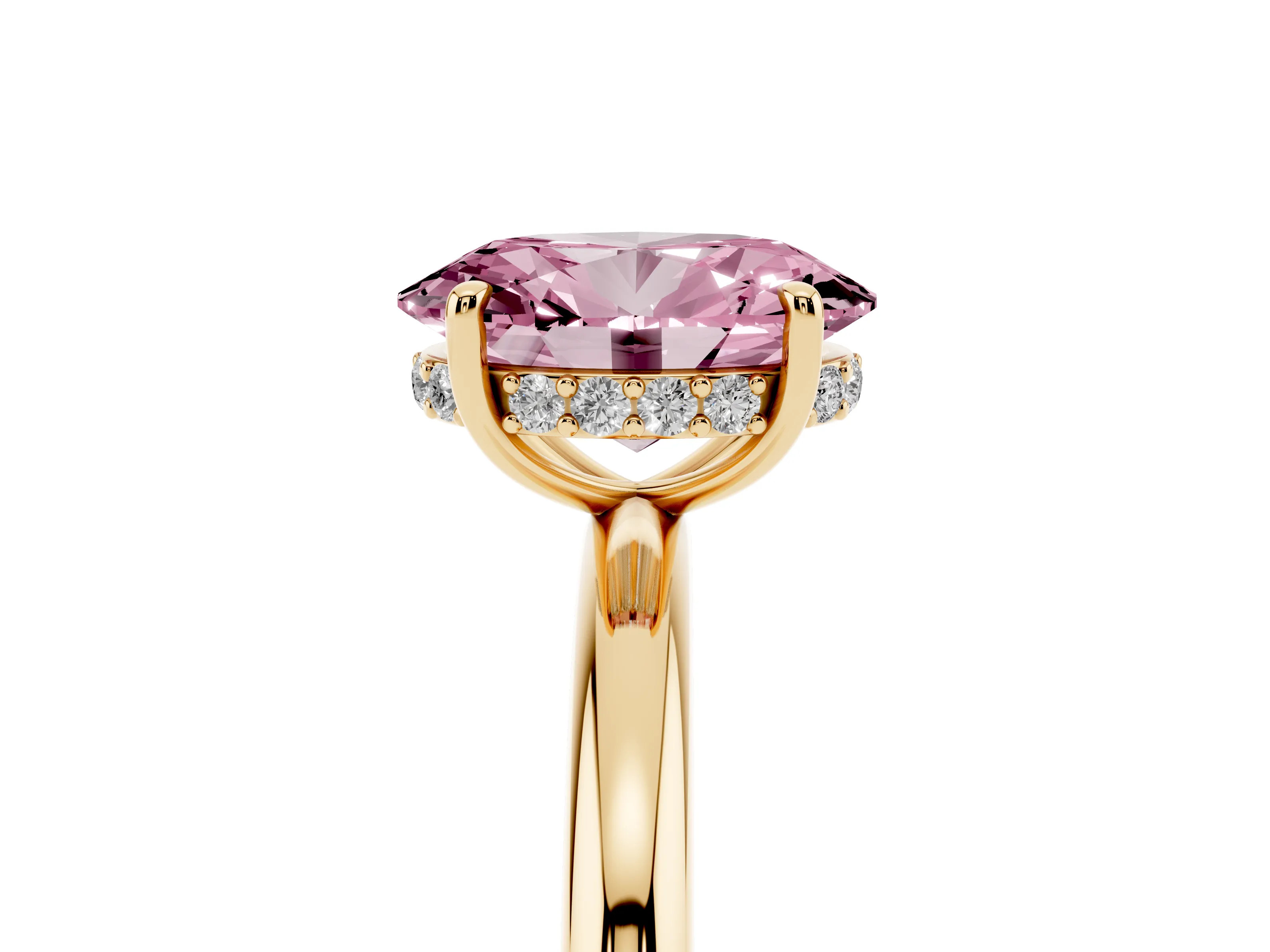 Fancy Pink Oval Cut Diamond Solitaire Ring Set in Yellow gold with Thin Band and Prong Setting