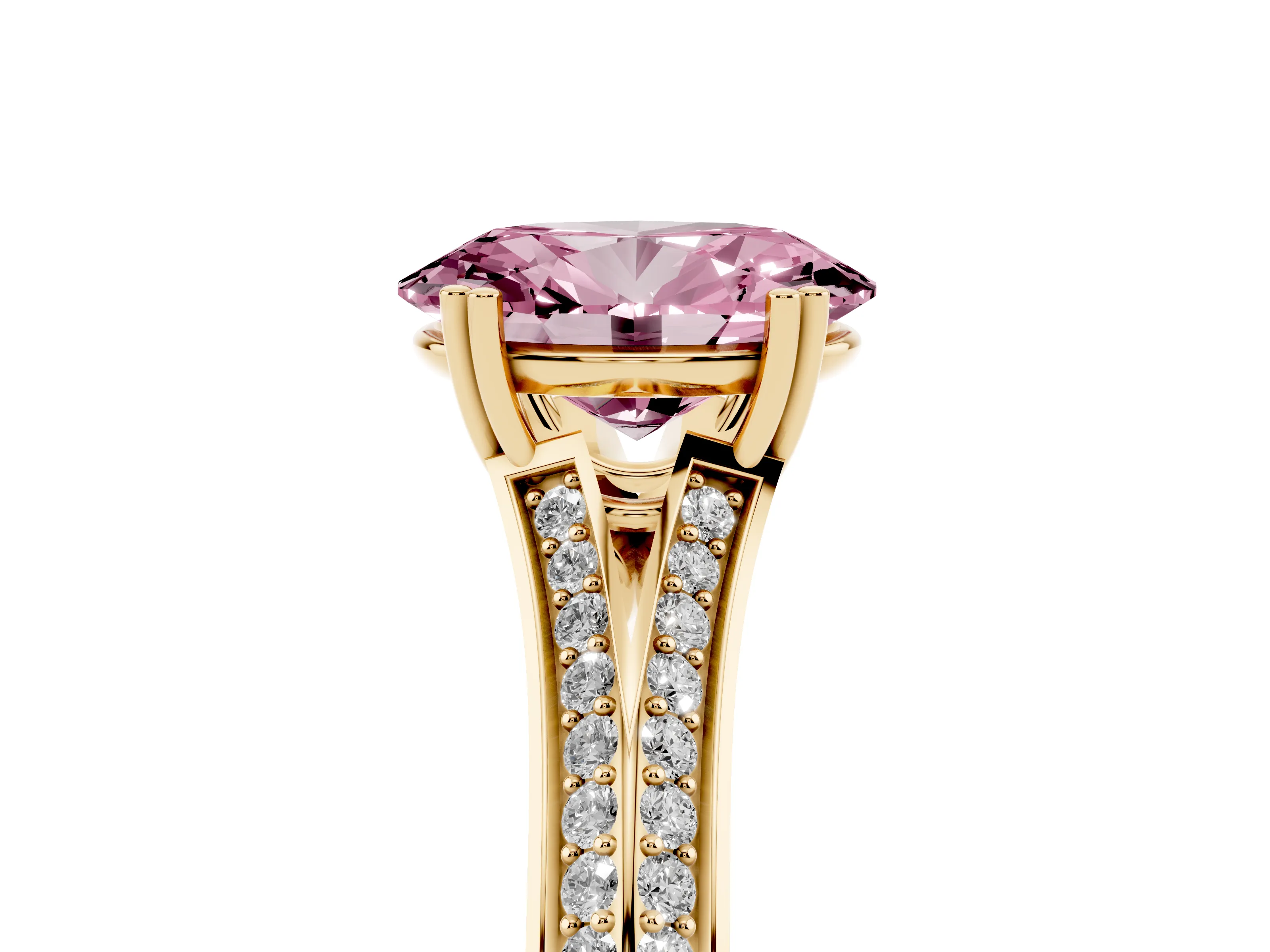 Fancy Pink Oval Cut Diamond Split Shank Pavé Engagement Ring Set in Yellow gold with Prong-Set Center Stone