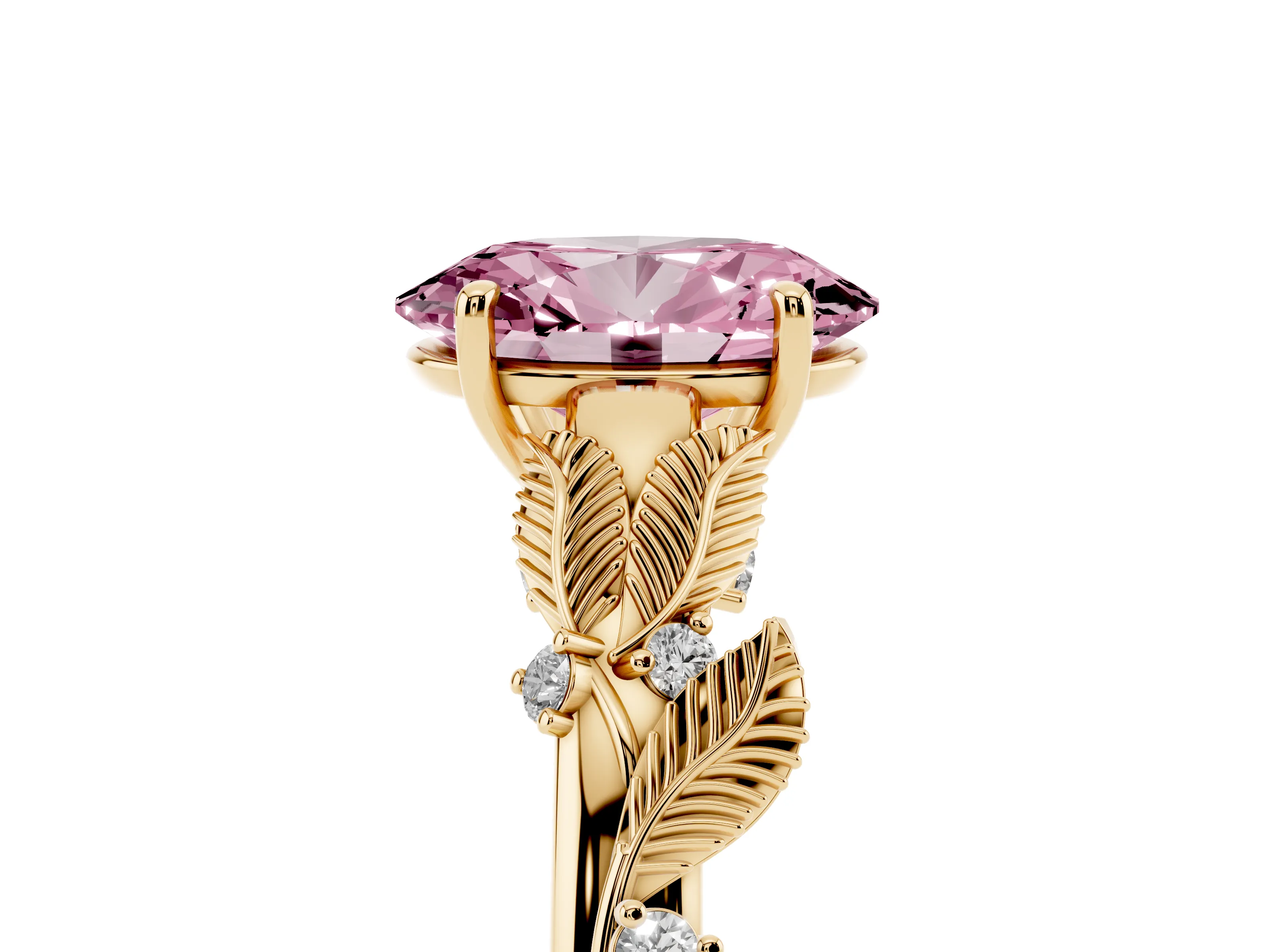 Fancy Pink Oval Cut Diamond Solitaire Ring Set in Yellow gold with Leaf Motif Band
