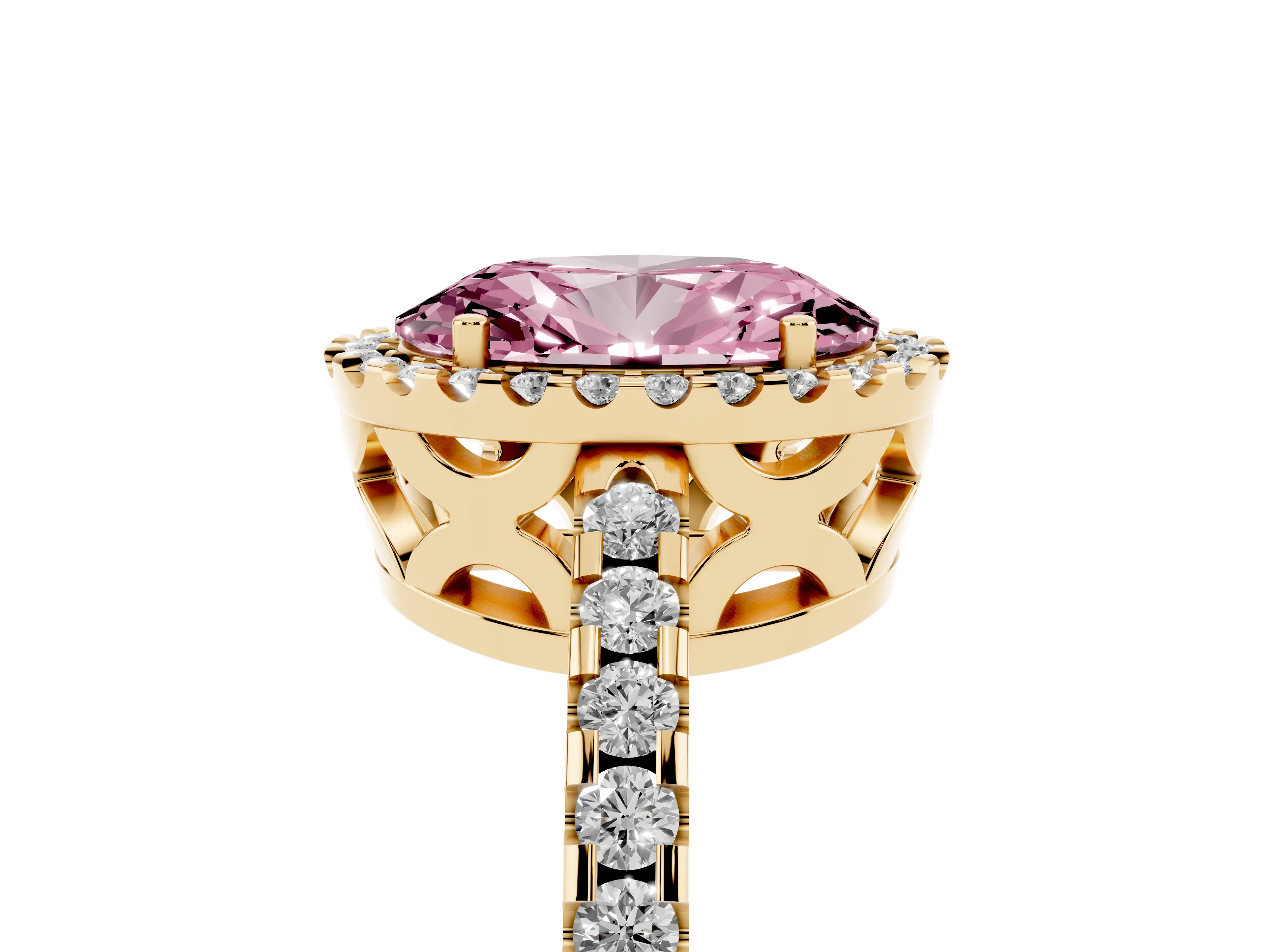 Fancy Pink Oval Cut Diamond Halo Ring Set in Yellow gold with Pavé Shoulders and Halo-Framed Center
